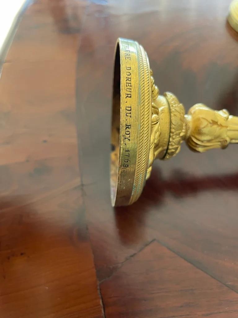 A rare pair of Louis XV gilt bronze candlesticks signed P. Gouthiere For Sale 2