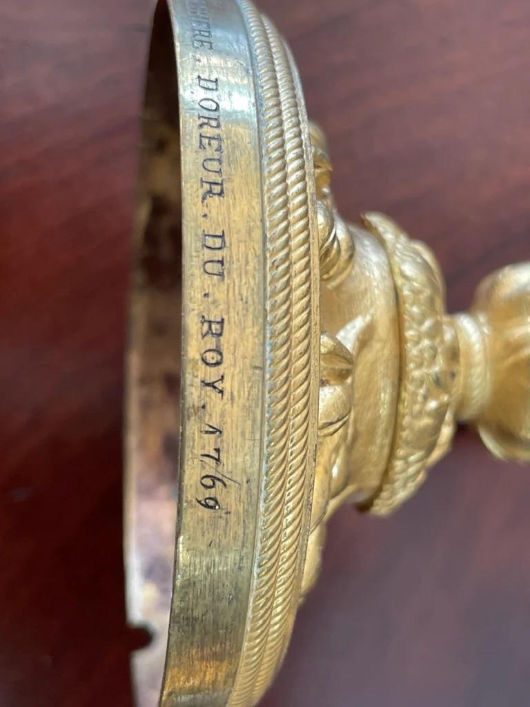 A rare pair of Louis XV gilt bronze candlesticks signed P. Gouthiere For Sale 3