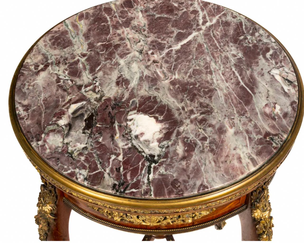 A Rare Pair of Louis XV-Style Marble Top Gueridon attributed to Francois Linke For Sale 5