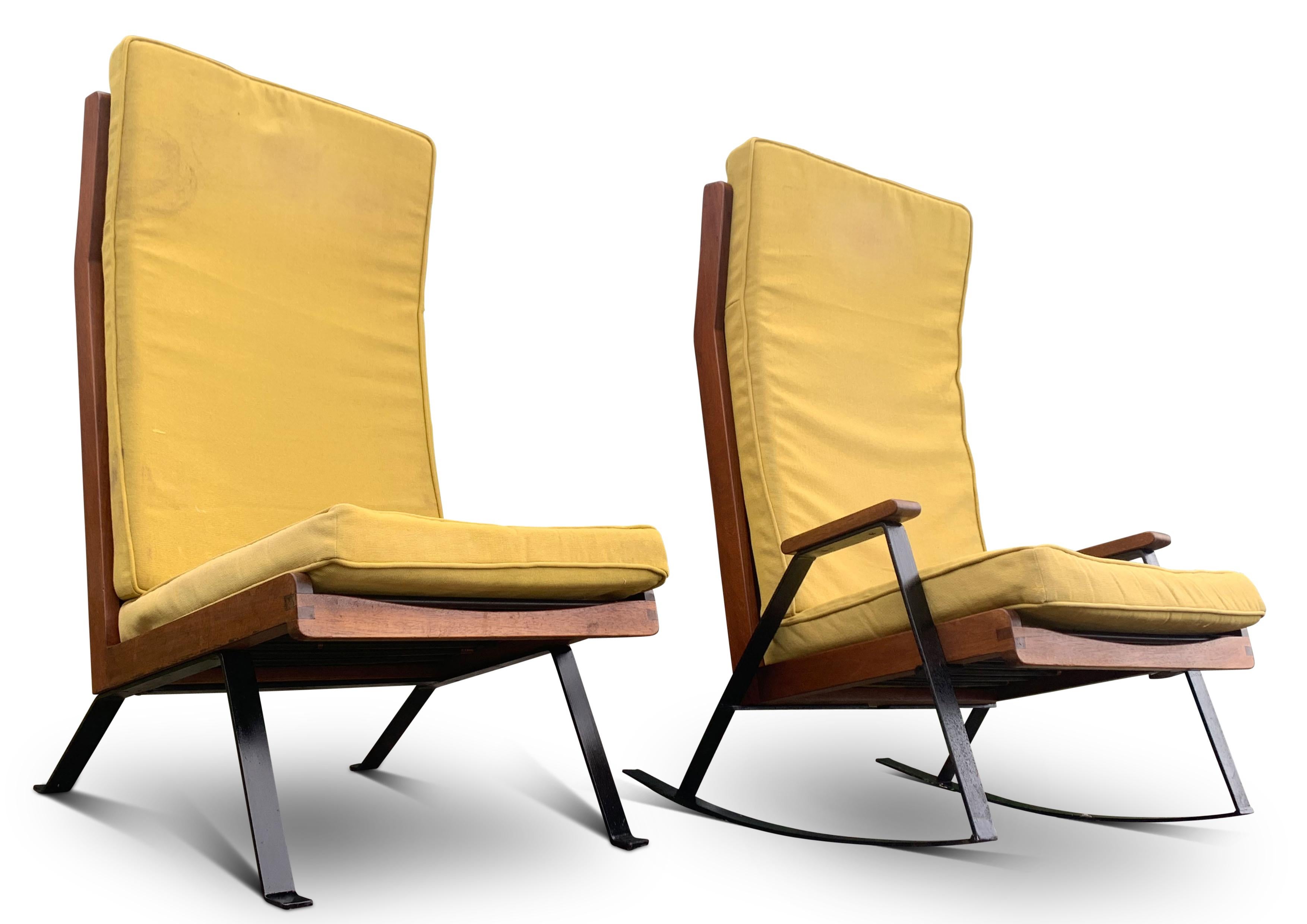 20th Century A Rare Pair of Mid Century Modern Teak & Ebonised Steel Upholstered Shell Chairs For Sale