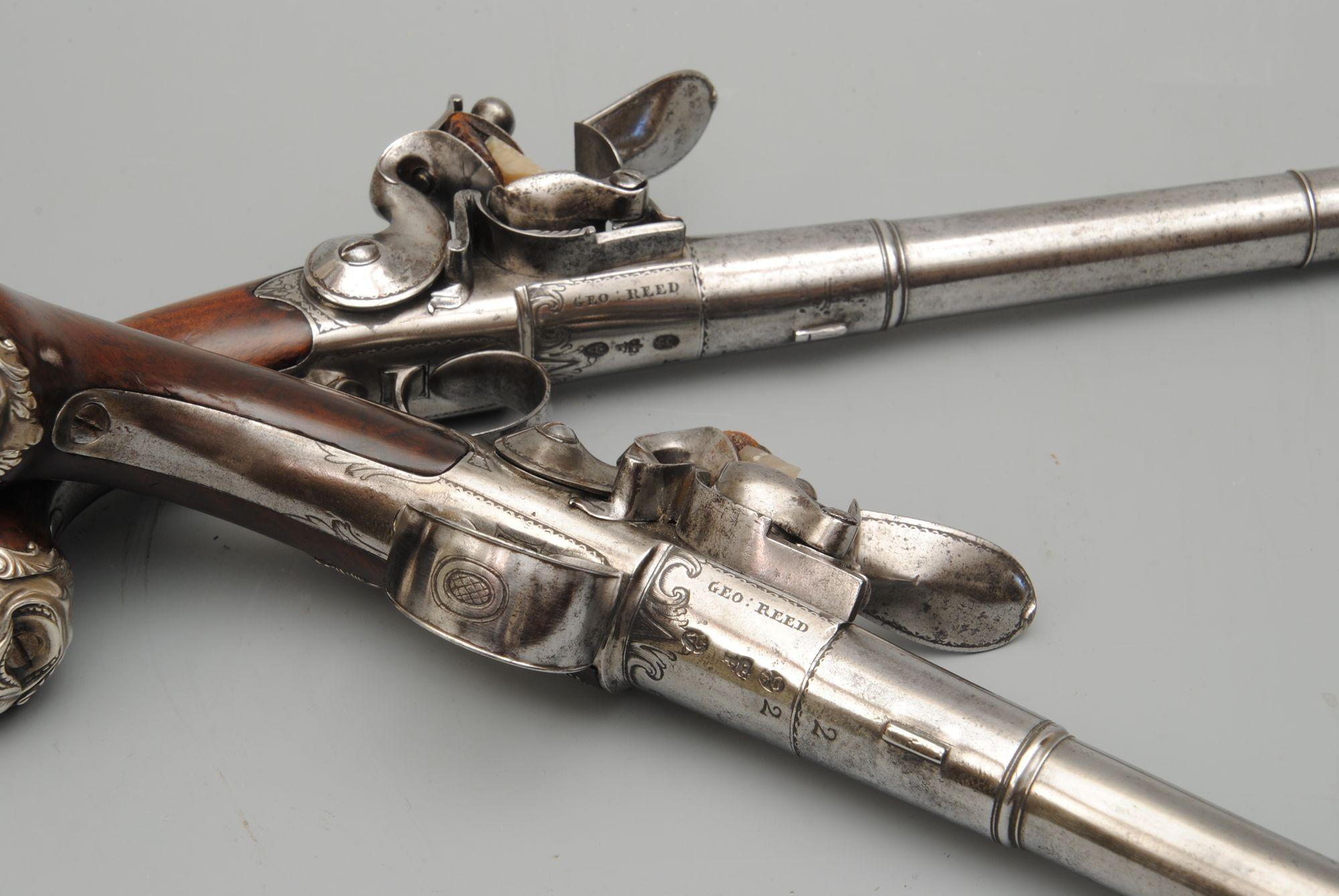 Rare Pair of Silver Mounted Queen Anne Pistols 1