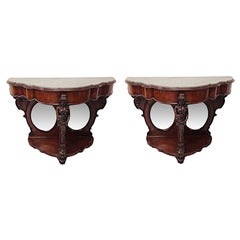 A  Rare paire de grandes tables consoles de campagne du 19e siècle à plateau de marbre