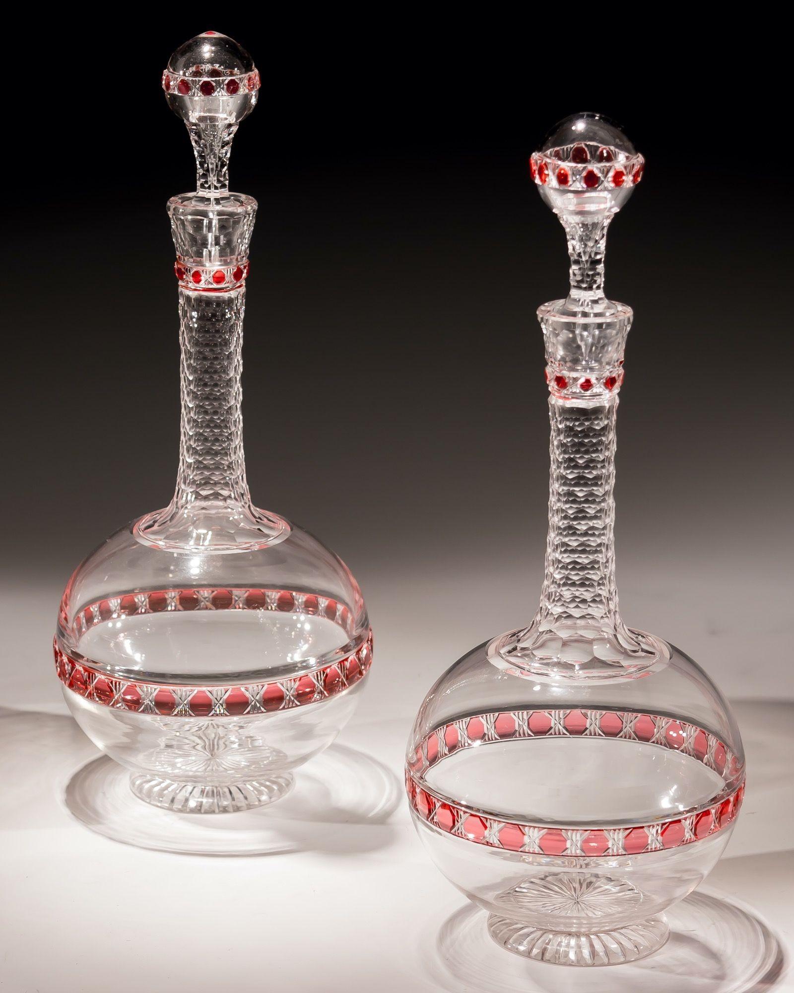 Rare Pair of Victorian Red Flashed Globe Decanters with Matching Glasses In Good Condition In Steyning, West sussex