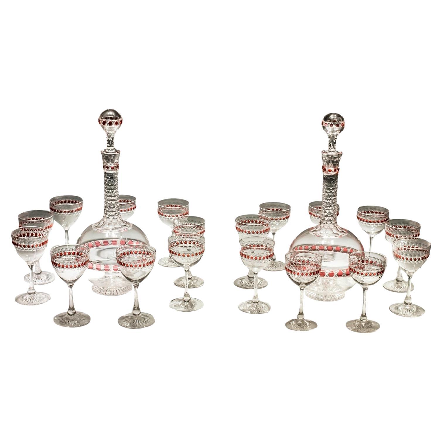 Rare Pair of Victorian Red Flashed Globe Decanters with Matching Glasses