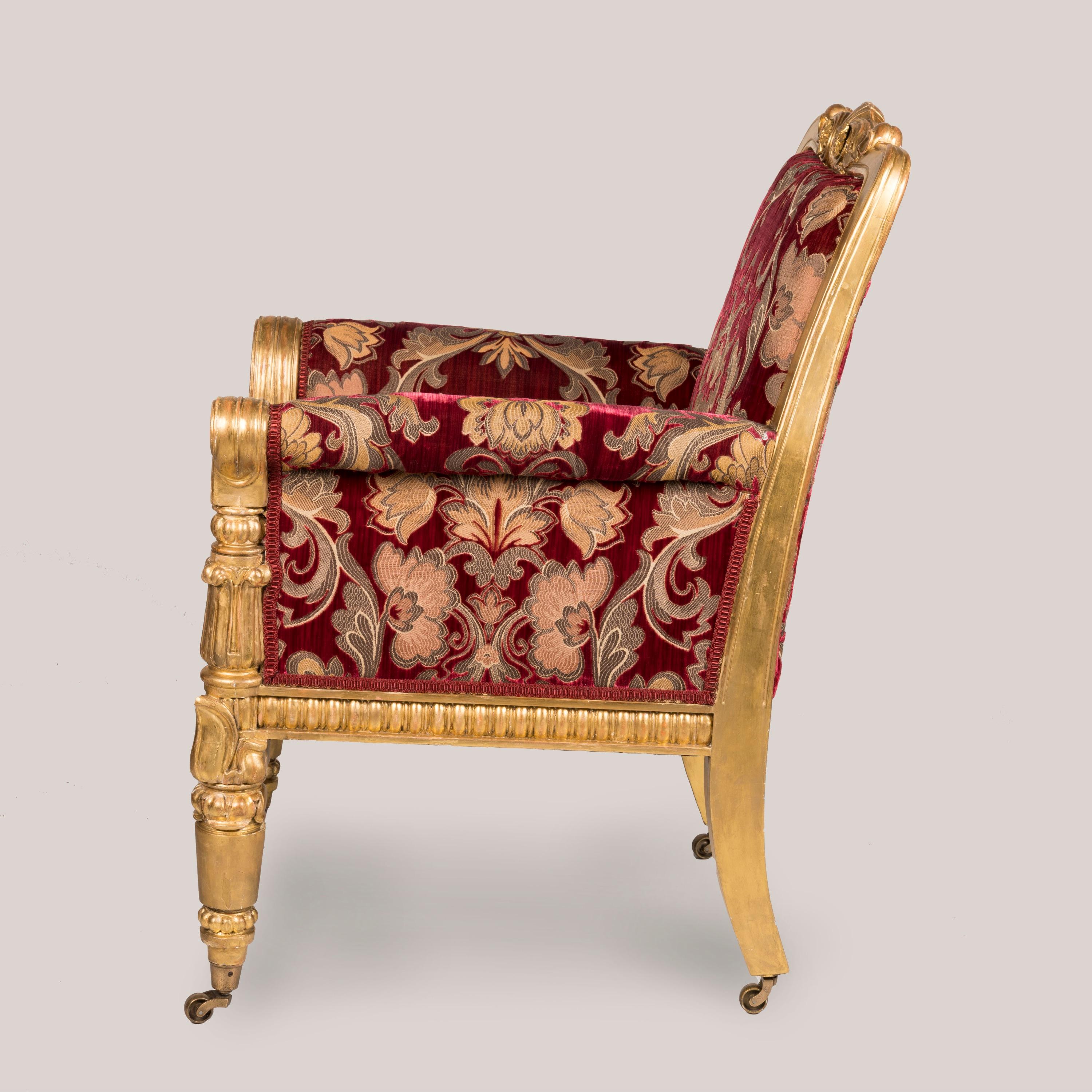 English A Rare Pair of William IV Period Giltwood Armchairs in Red Upholstery