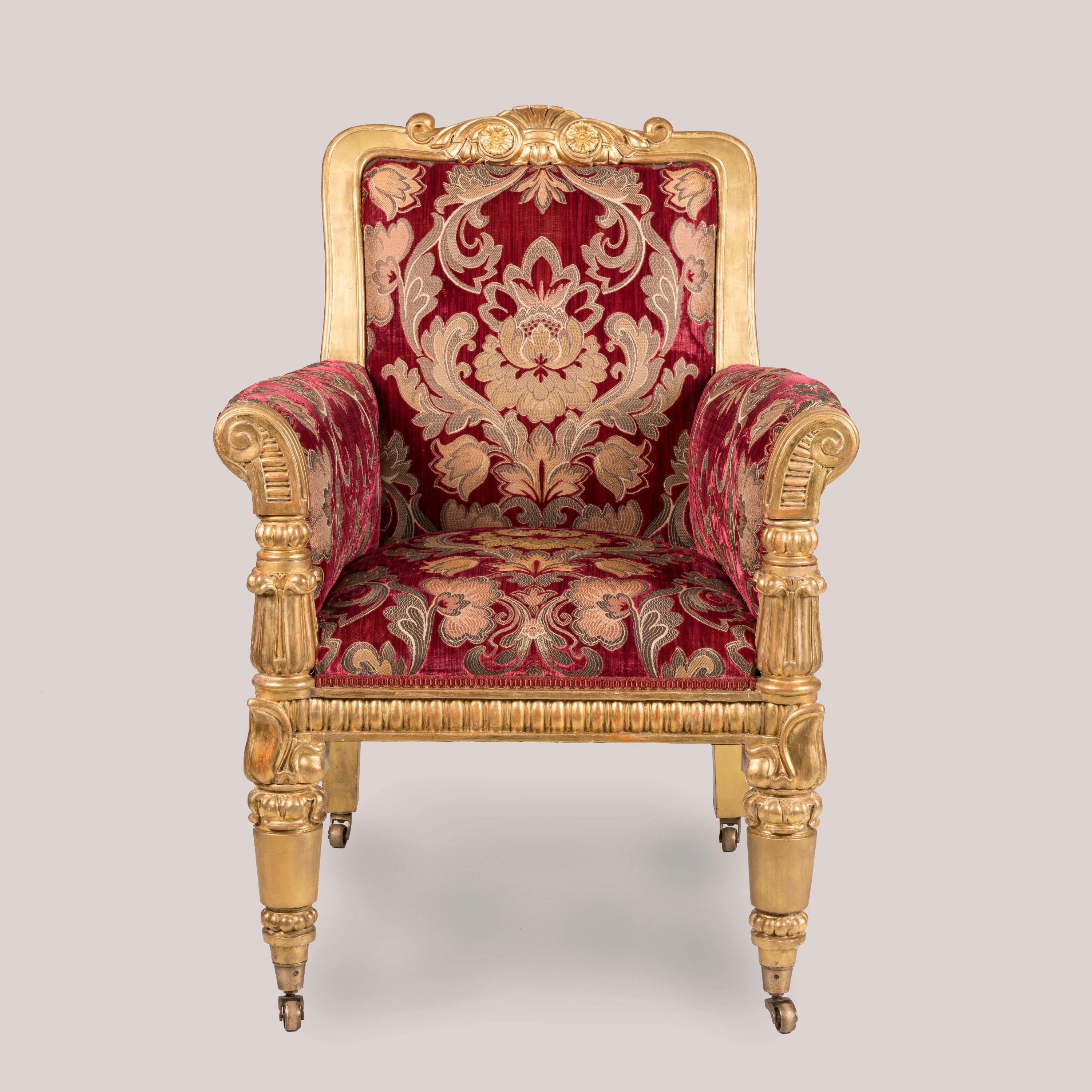 A Rare Pair of William IV Period Giltwood Armchairs in Red Upholstery In Good Condition In London, GB