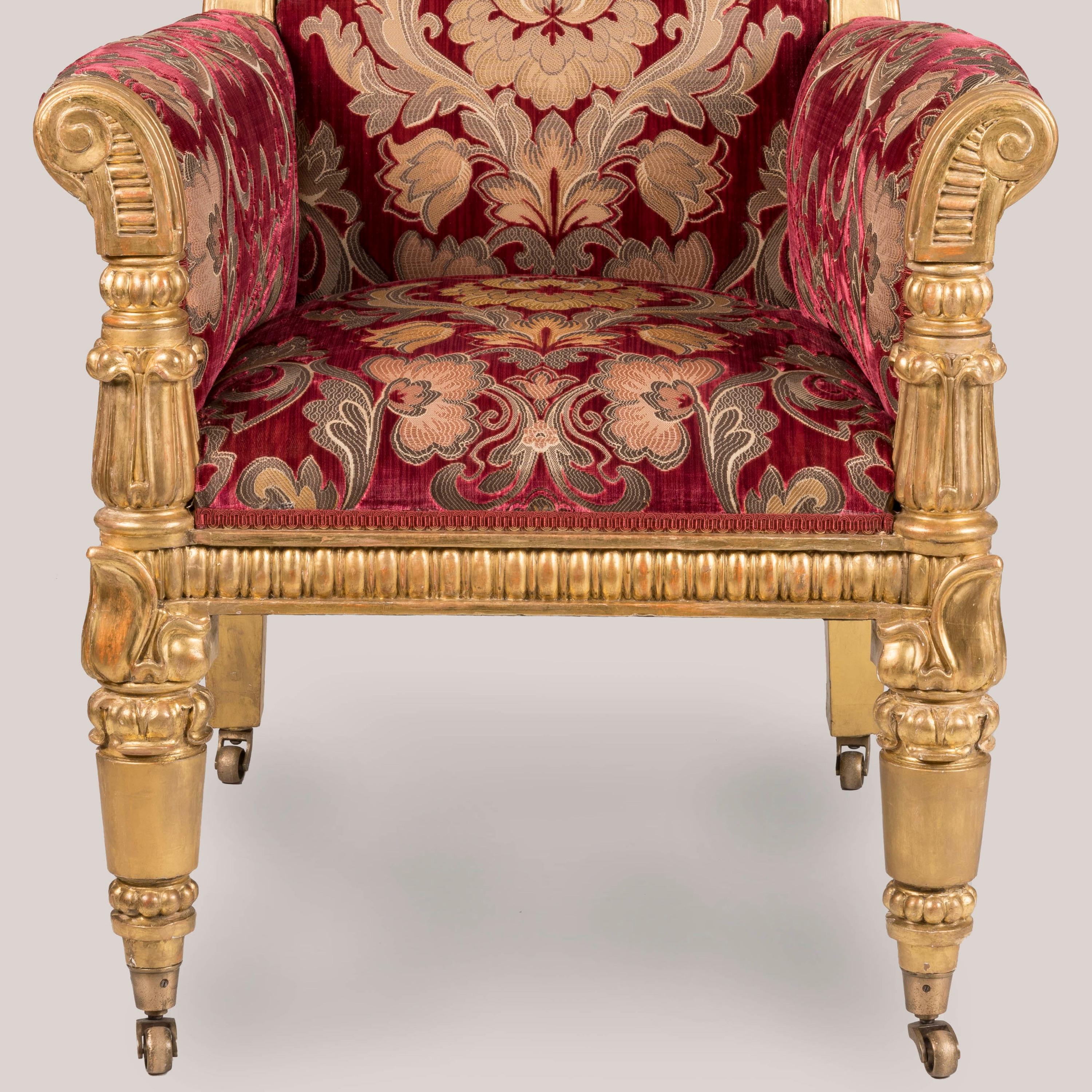 19th Century A Rare Pair of William IV Period Giltwood Armchairs in Red Upholstery