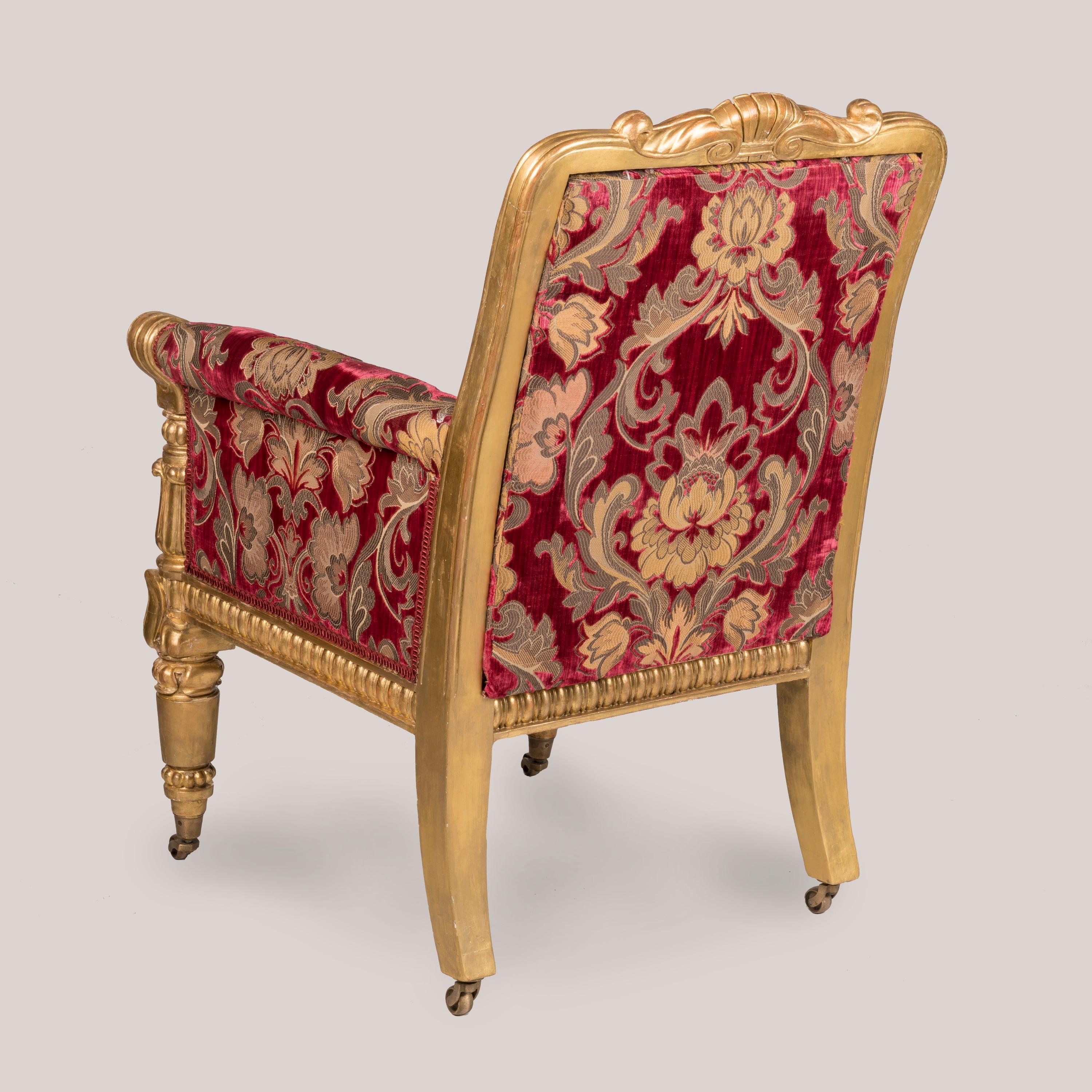 A Rare Pair of William IV Period Giltwood Armchairs in Red Upholstery 2
