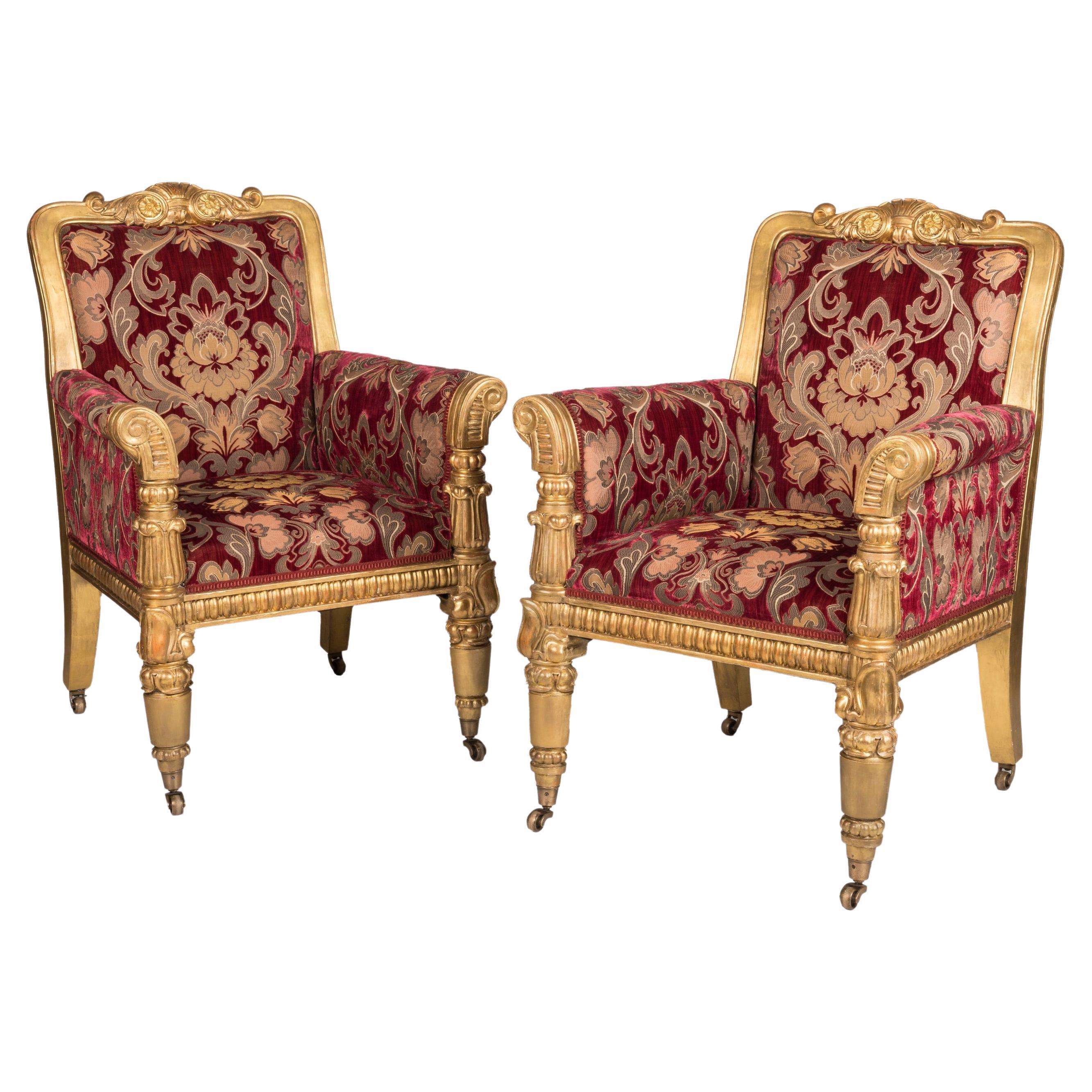 A Rare Pair of William IV Period Giltwood Armchairs in Red Upholstery
