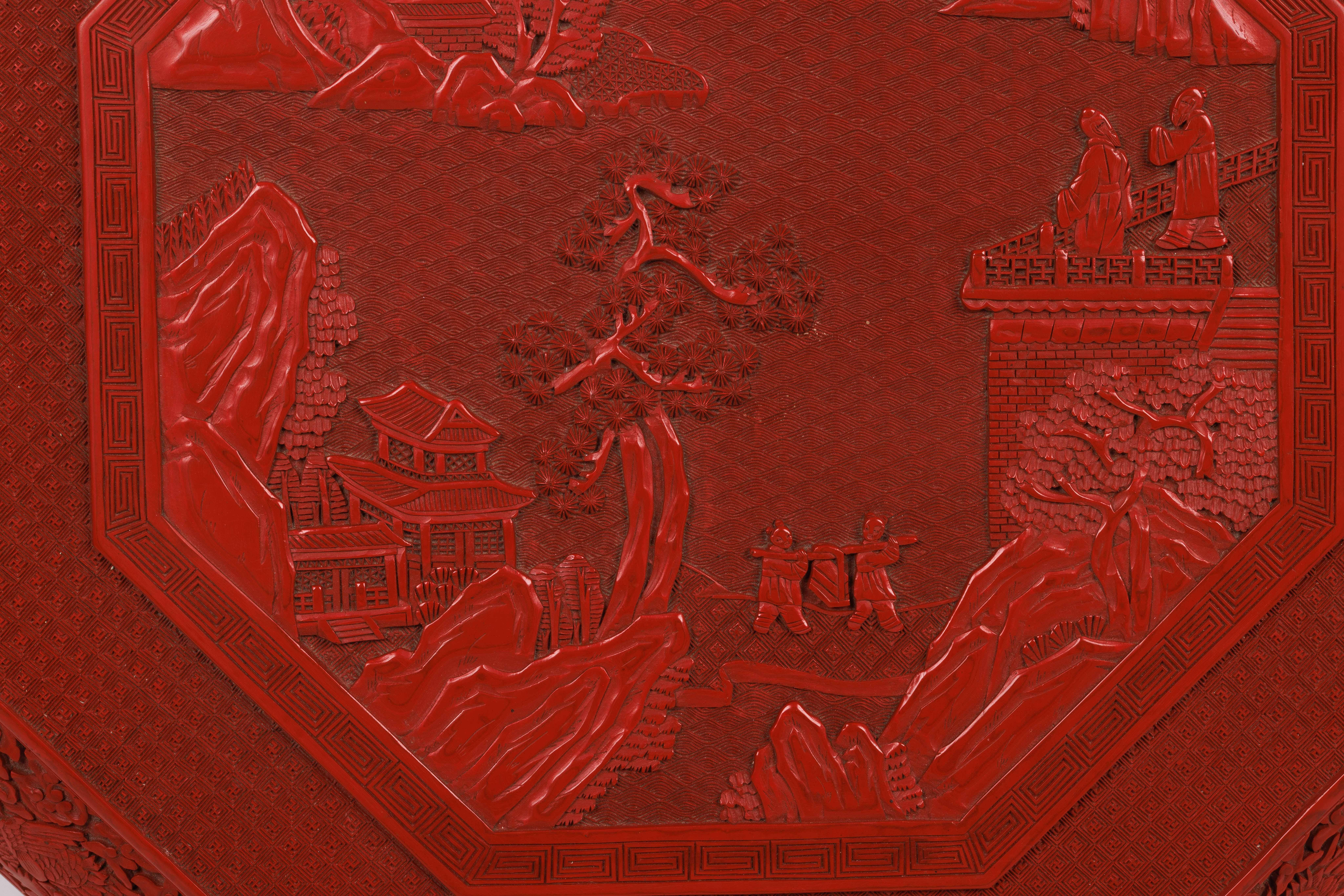 Seltene chinesische geschnitzte Cinnabar-Lack-Figurenschachtel und Deckel in Palastgröße, Qing im Angebot 3