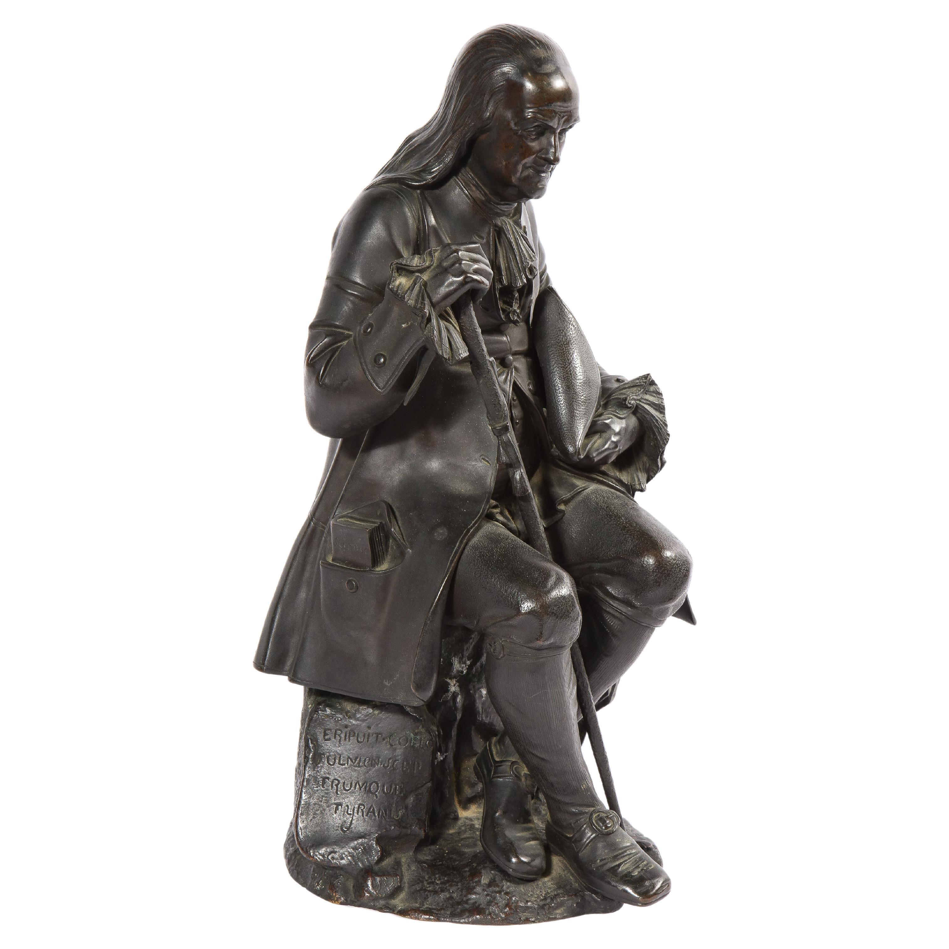 Albert-Ernest Carrier-Belleuse (France, 1824-1887)

A rare seated bronze statue of Benjamin Franklin holding his walking stick and hat, with a book in his right jacket pocket inscribed 