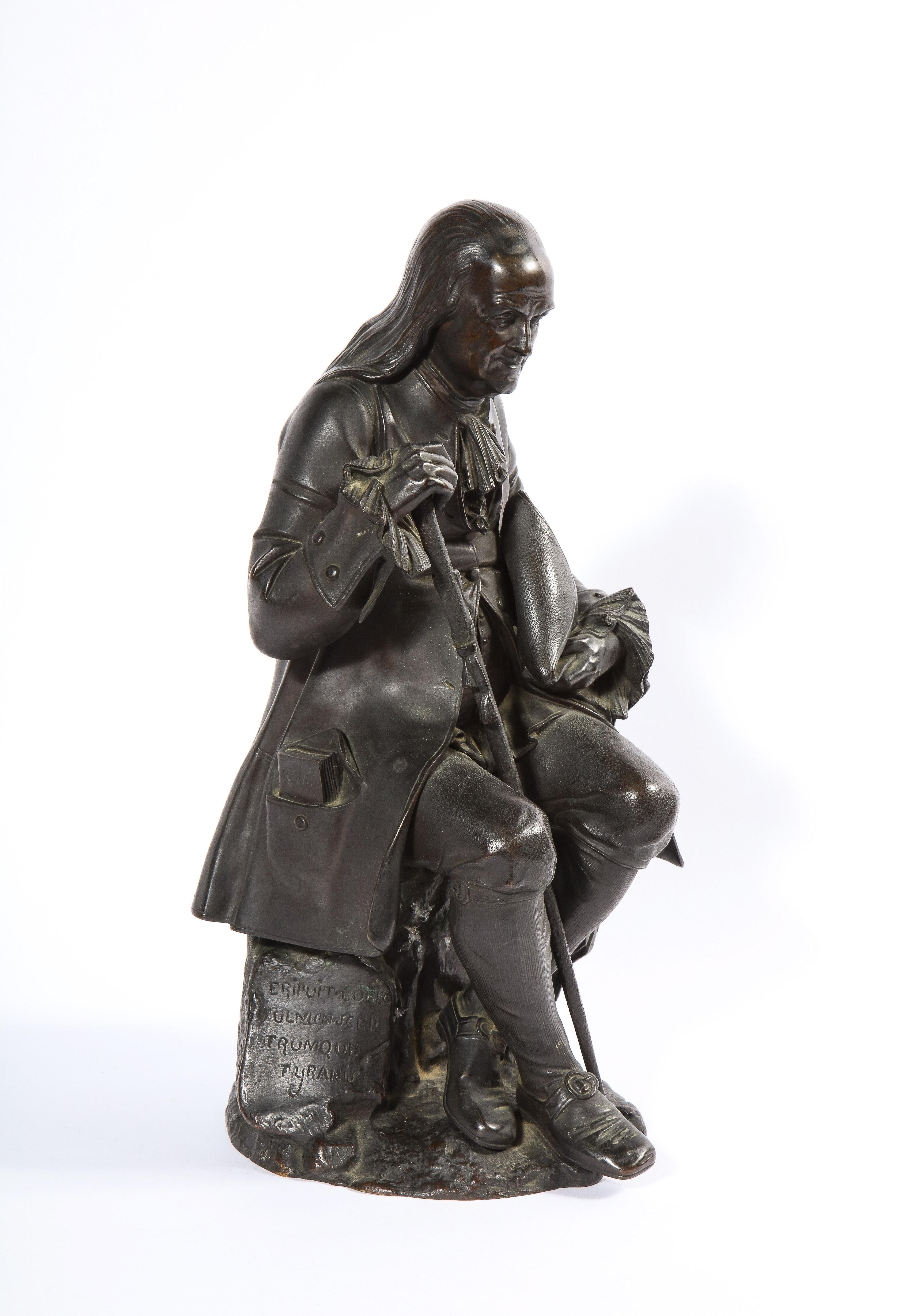 American Classical Rare Patinated Bronze Sculpture of Benjamin Franklin, by A. Carrier-Belleuse For Sale