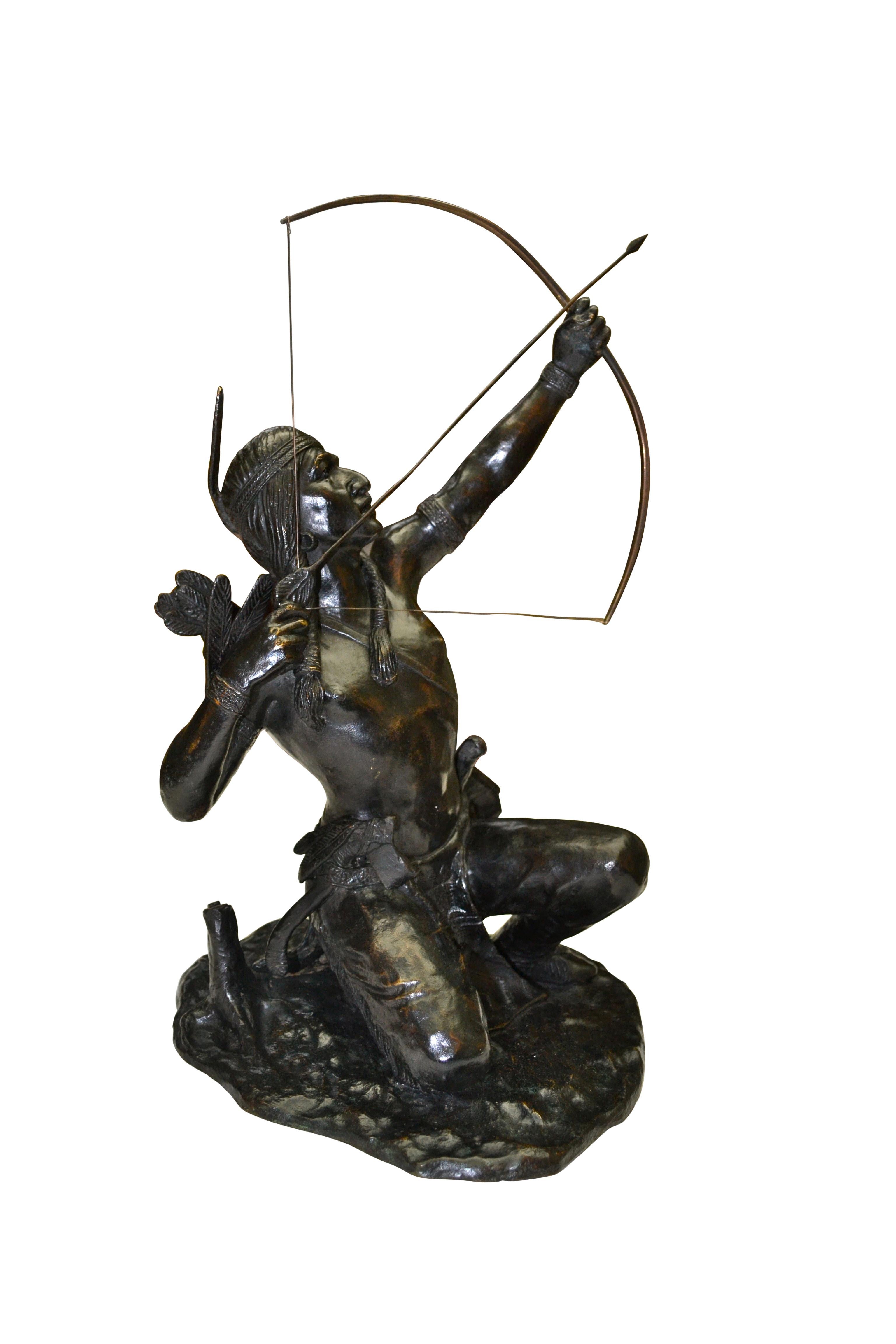 Rare Patinated Bronze Statue of a Native American Indian Archer on the Hunt In Good Condition For Sale In Vancouver, British Columbia