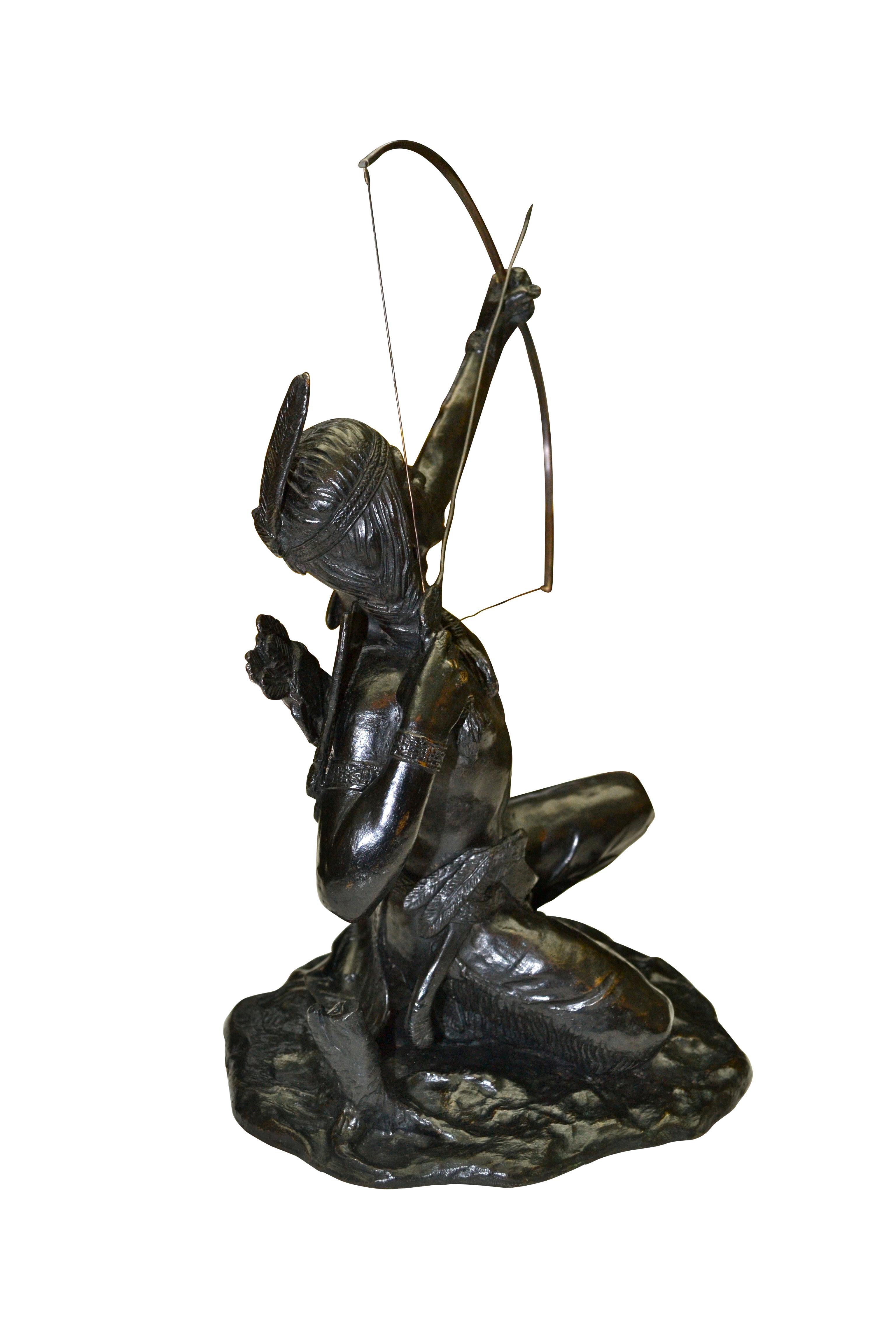 19th Century Rare Patinated Bronze Statue of a Native American Indian Archer on the Hunt For Sale