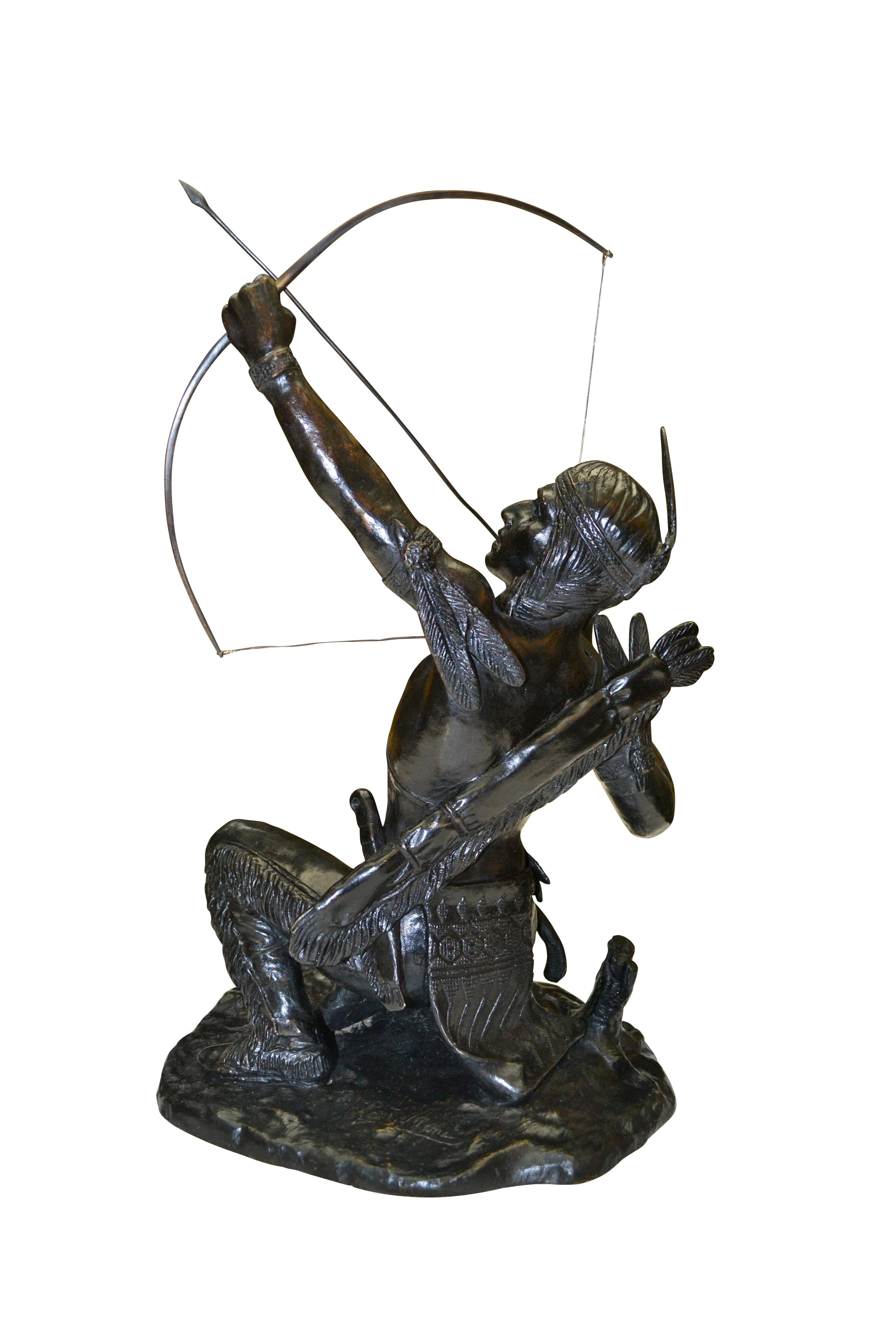 Rare Patinated Bronze Statue of a Native American Indian Archer on the Hunt For Sale 5