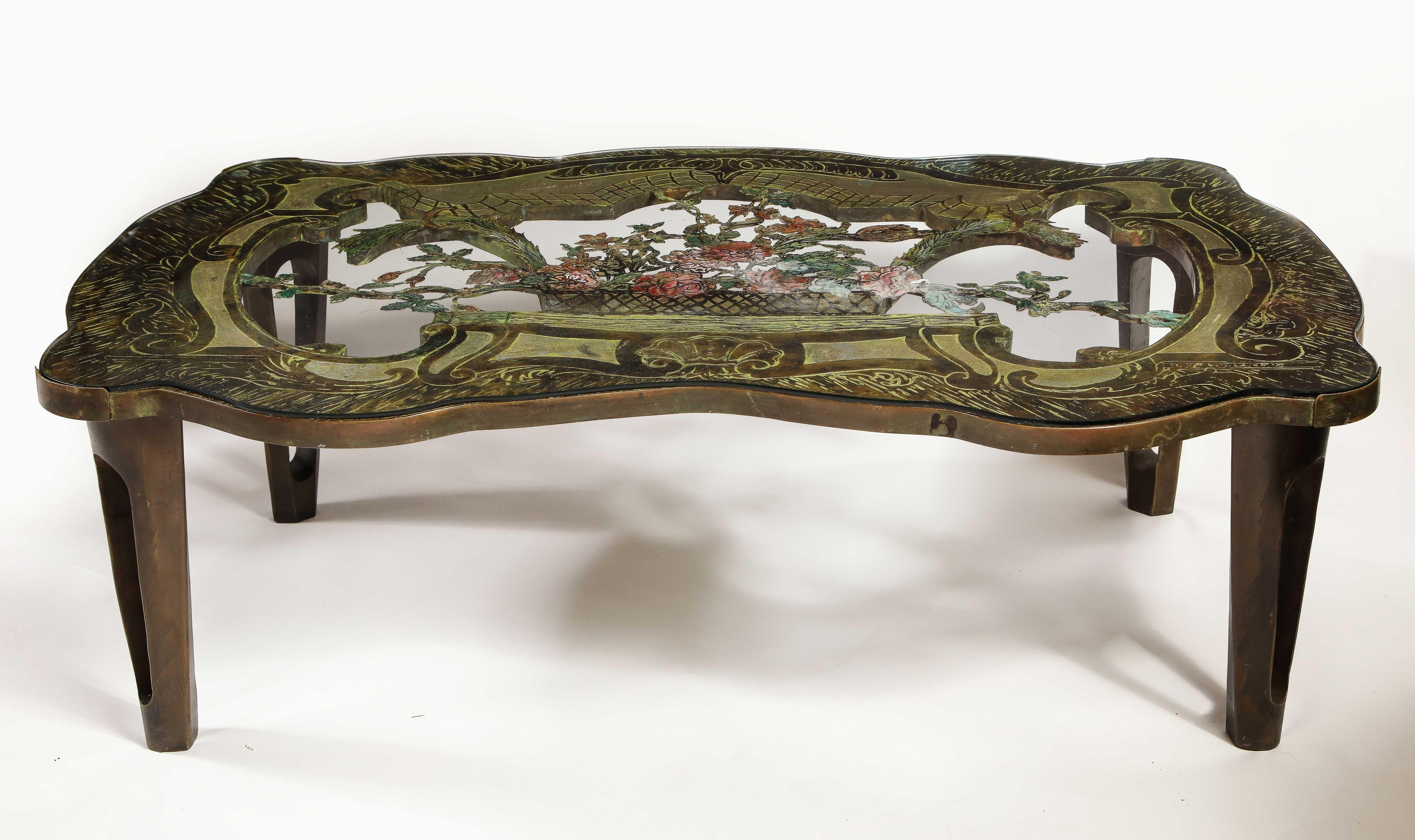An incredible and highly important rare signed Philip and Kelvin LaVerne 'La Reine Floral' Patinated Bronze Table. The 'La Reine Floral' limited edition table by Philip and Kelvin LaVerne is an exceptional piece of art and truly one of the most