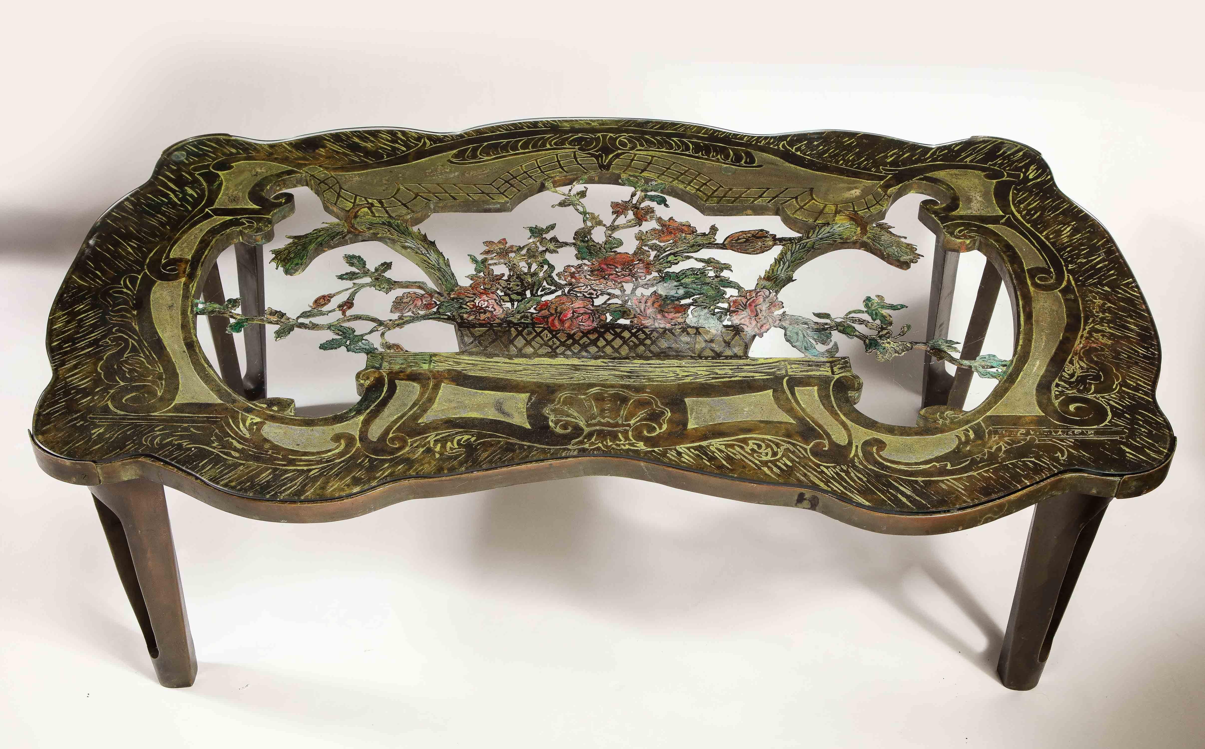Mid-Century Modern Rare Philip and Kelvin LaVerne 'La Reine Floral' Patinated Bronze Coffee Table