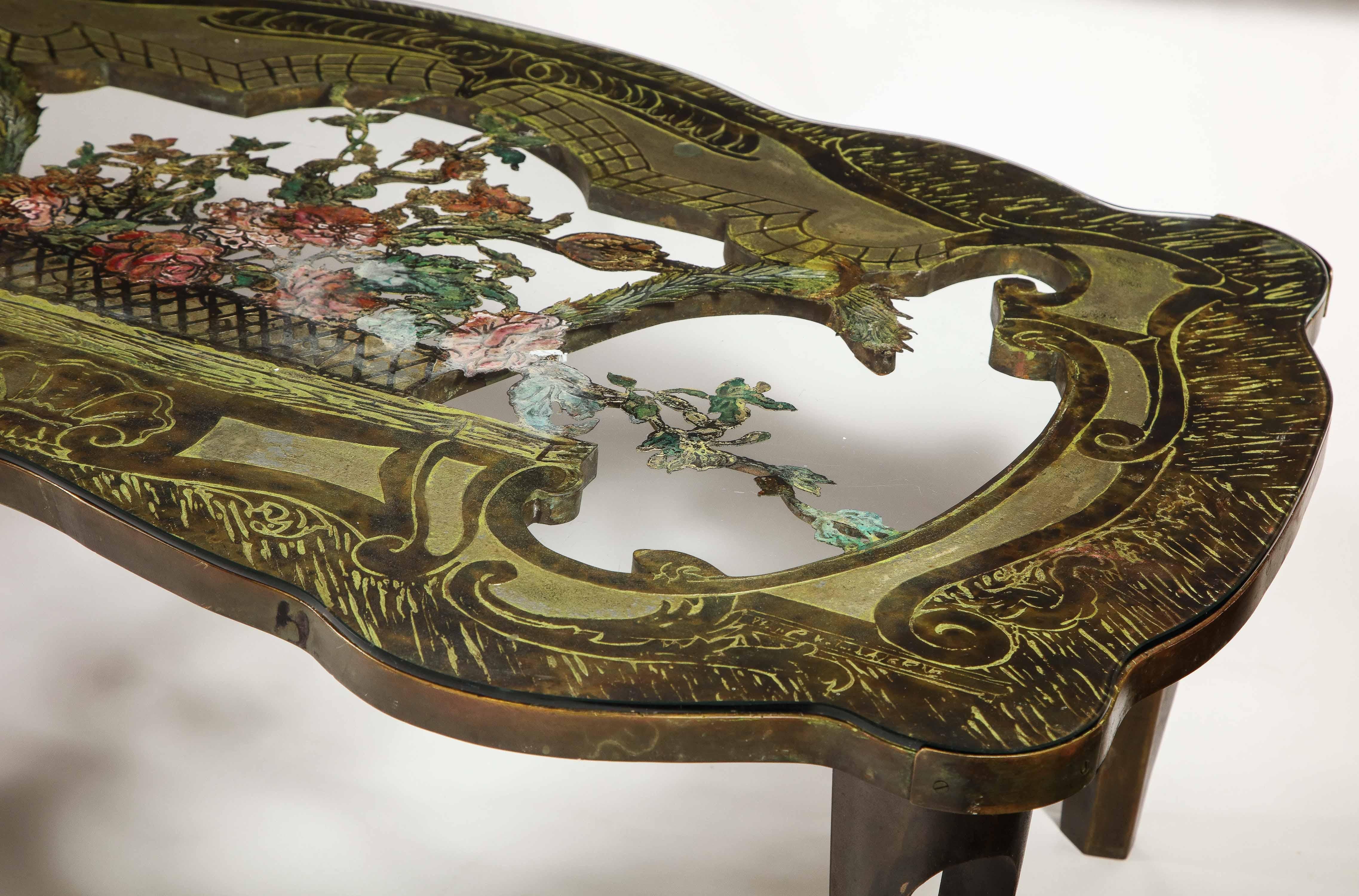 American Rare Philip and Kelvin LaVerne 'La Reine Floral' Patinated Bronze Coffee Table