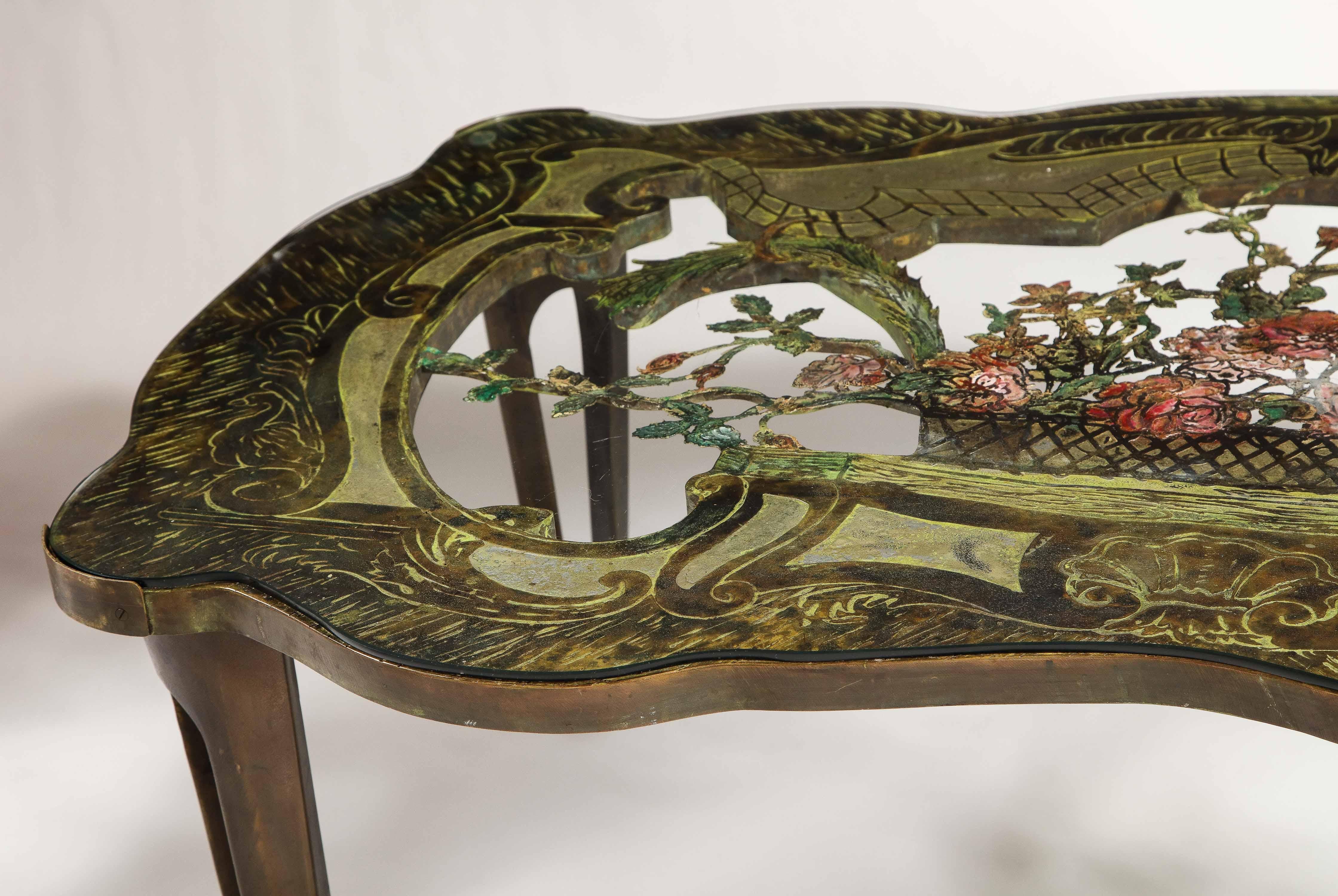 Mid-20th Century Rare Philip and Kelvin LaVerne 'La Reine Floral' Patinated Bronze Coffee Table