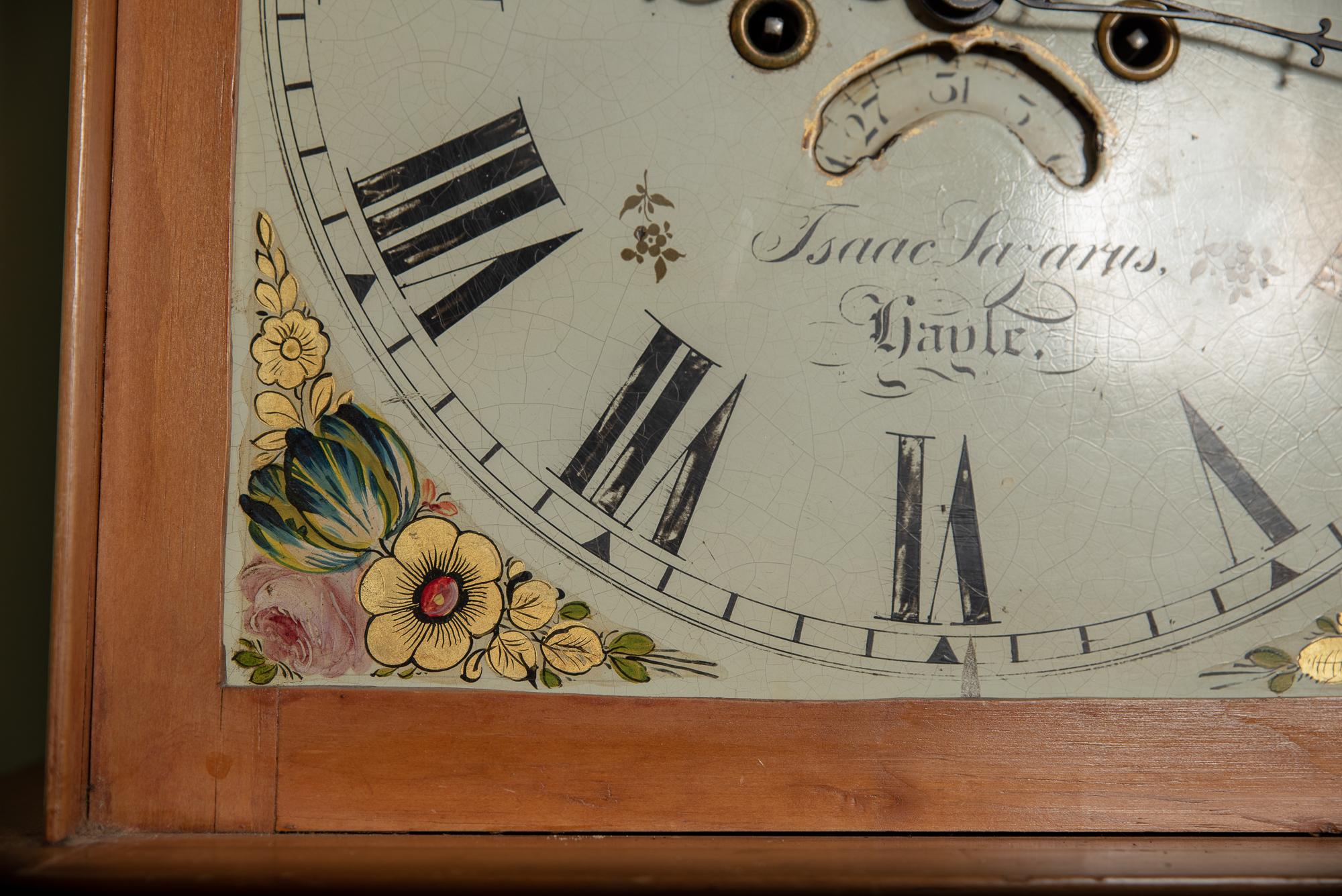 Seltene achttägige Kiefernholz-Standuhr mit einer Glocke von Isaac Lazarus (19. Jahrhundert) im Angebot