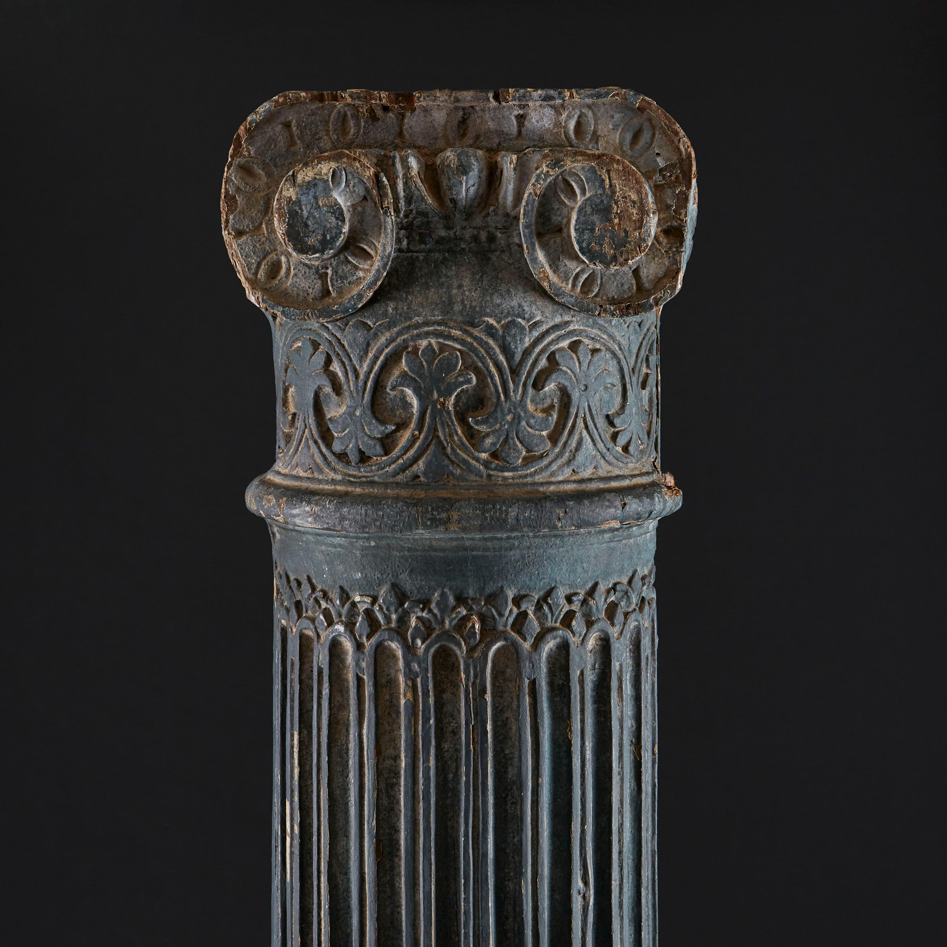 Italian Rare Prussian Blue Carved Ionic Column of Large Scale