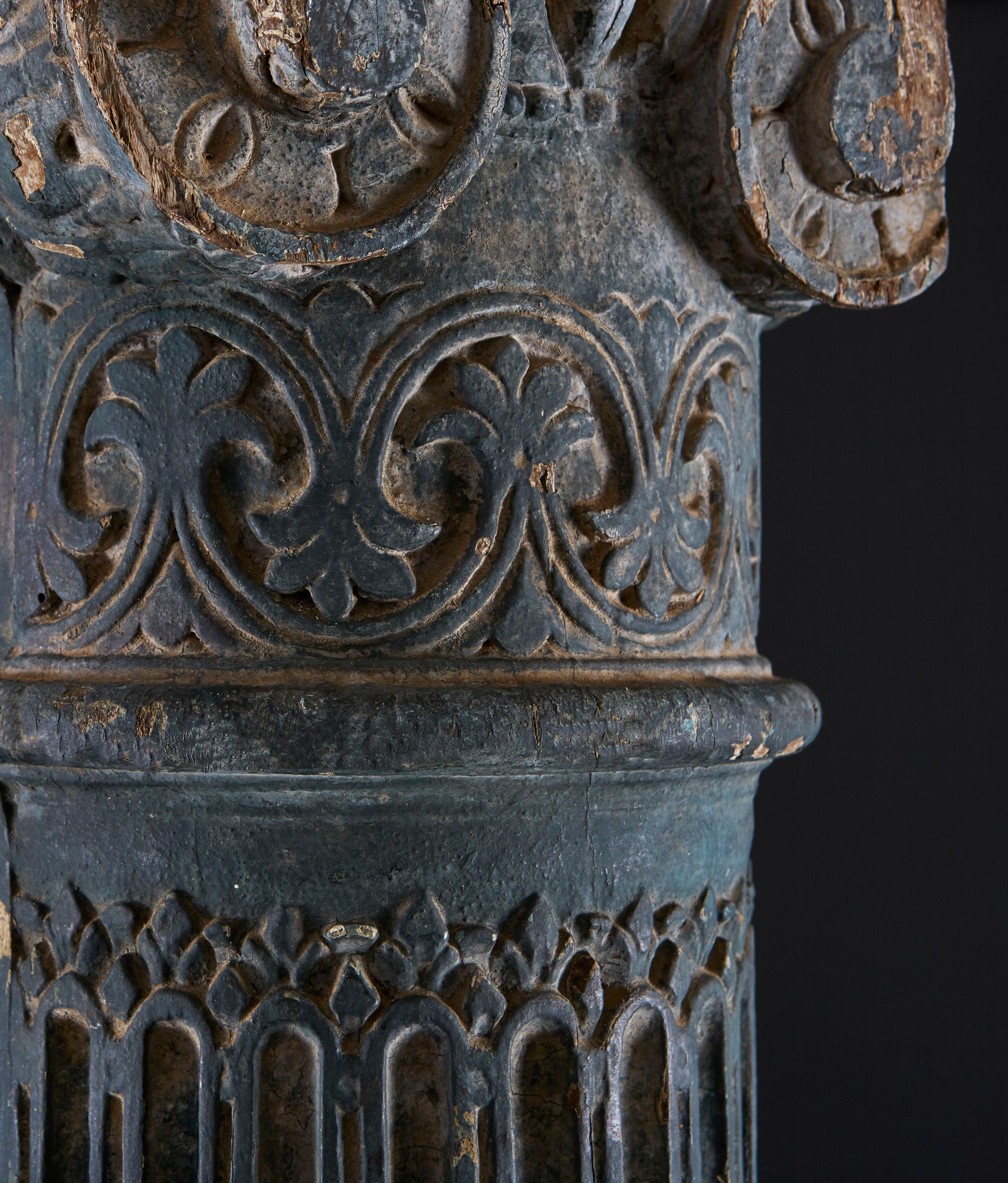 18th Century Rare Prussian Blue Carved Ionic Column of Large Scale