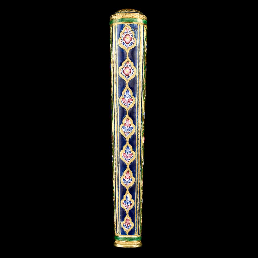 A Rare Qajar Gold and Enamel Parasol Cane Handle

A  very rare Persian, Qajar, polychrome enamelled gold cane handle, of cylindrical form, decorated with floral enamel throughout.. Tested for high gold purity. Weighs 45 grams.

Very good quality and