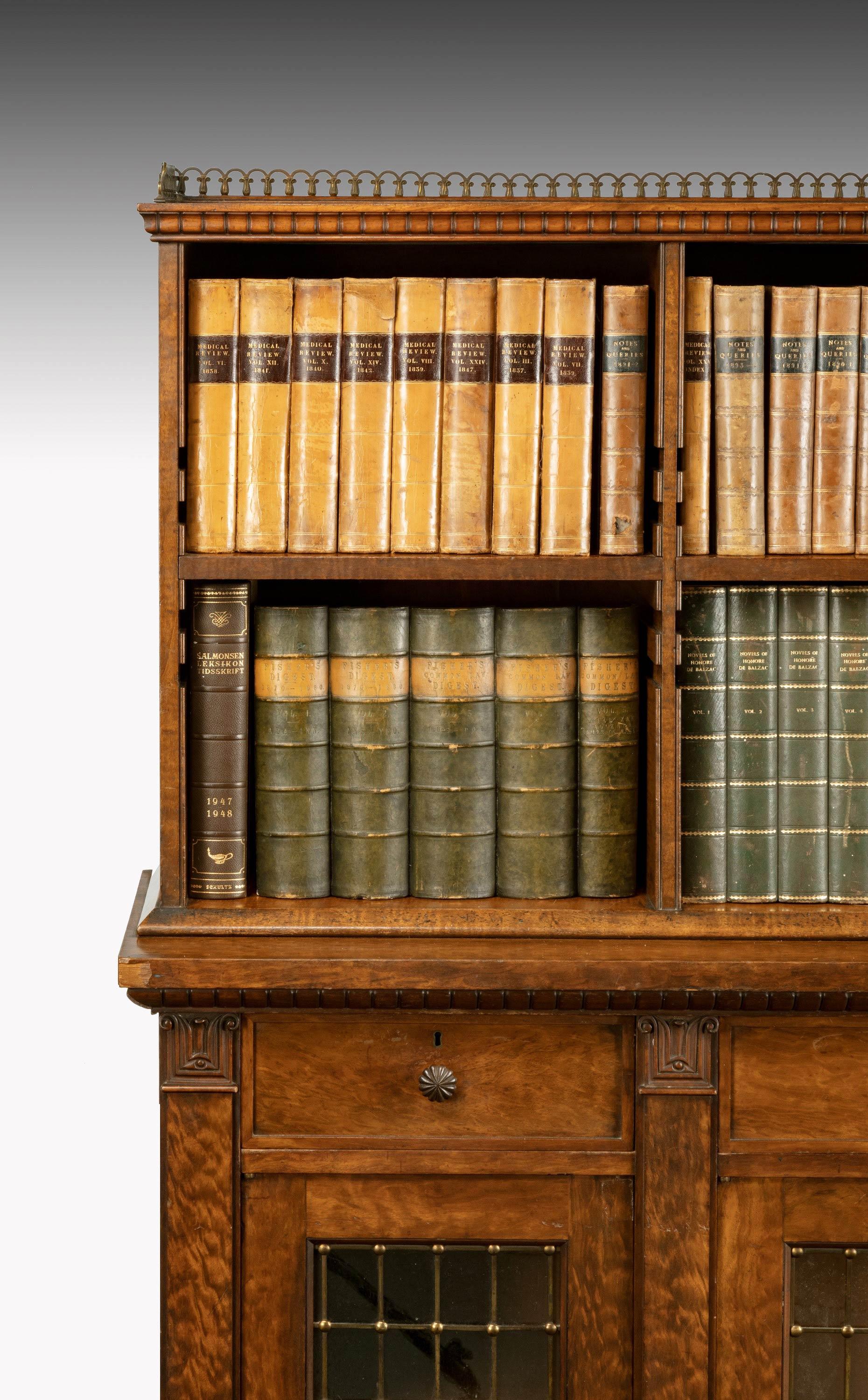 English Rare Quilted Mahogany Regency Period Low Bookcase
