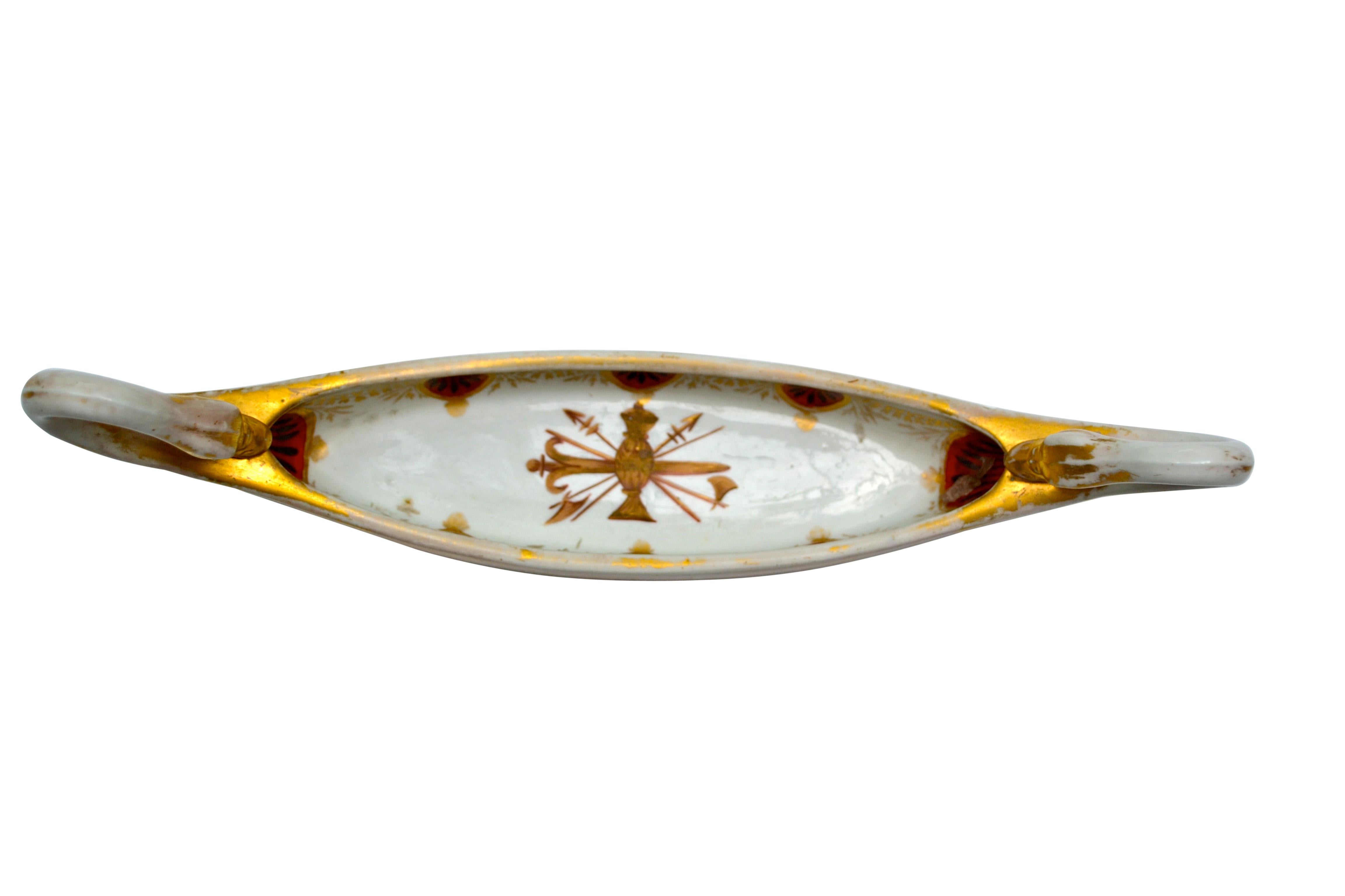 An extremely rare early 19th century Spode spoon tray, the white porcelain body highly decorated in gilt scrolls, coral stars and coral medallions decorated with acanthus, etc. and stylized swan handles.