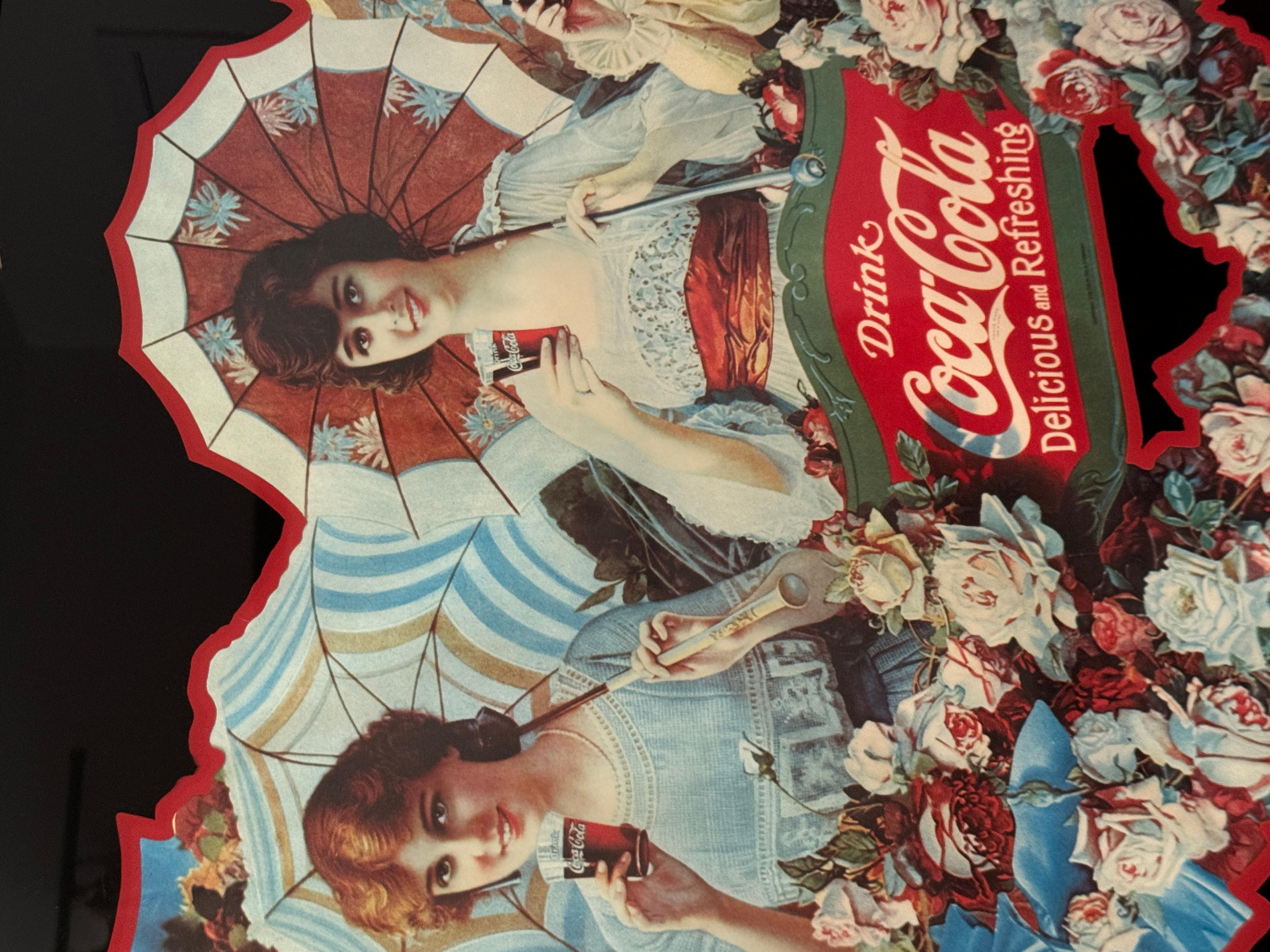 Inconnu Une rare reproduction des filles du parapluie de Coca Colon dans un cadre rouge rustique. en vente