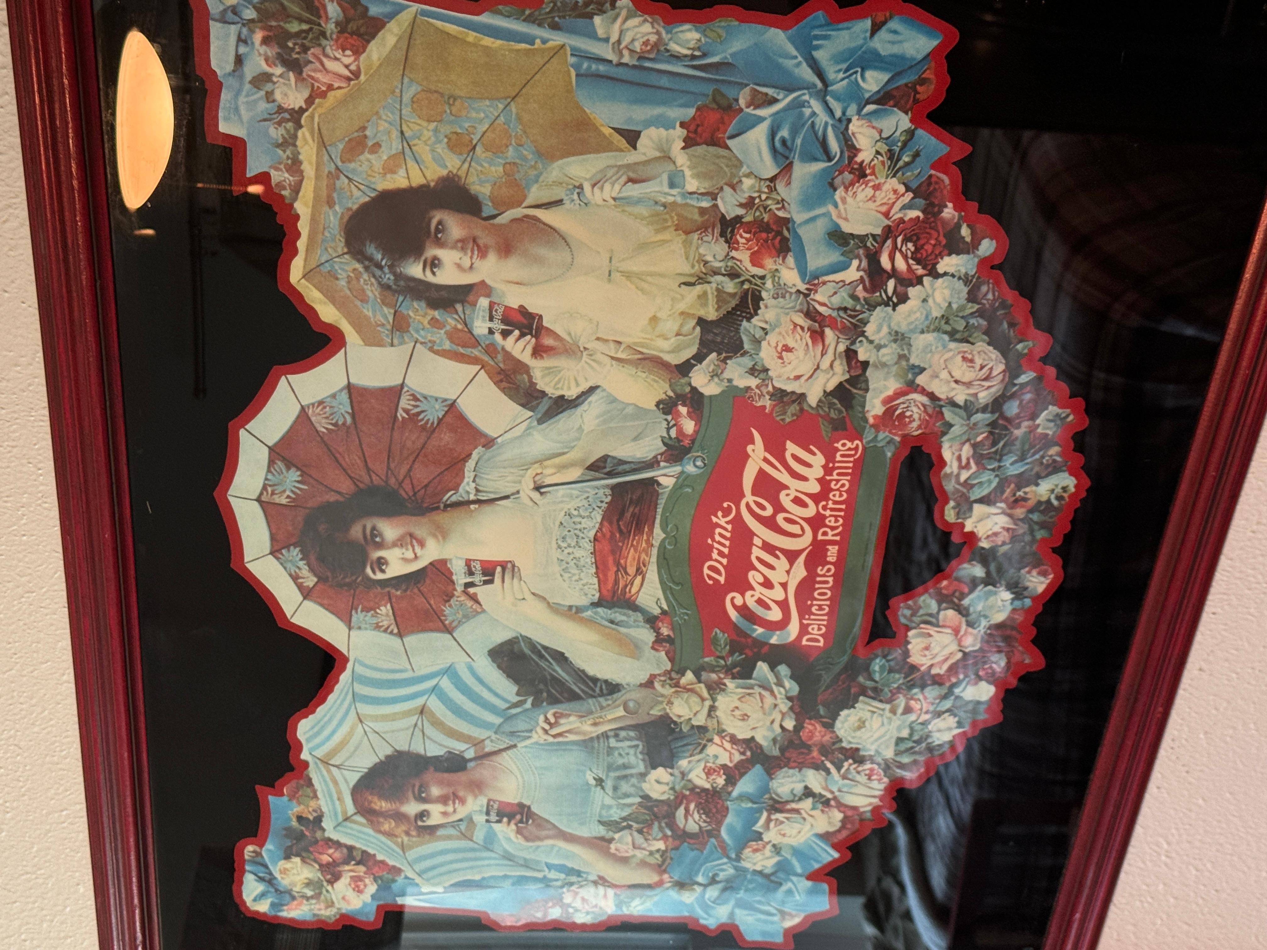 Une rare reproduction des filles du parapluie de Coca Colon dans un cadre rouge rustique. Bon état - En vente à Houston, TX