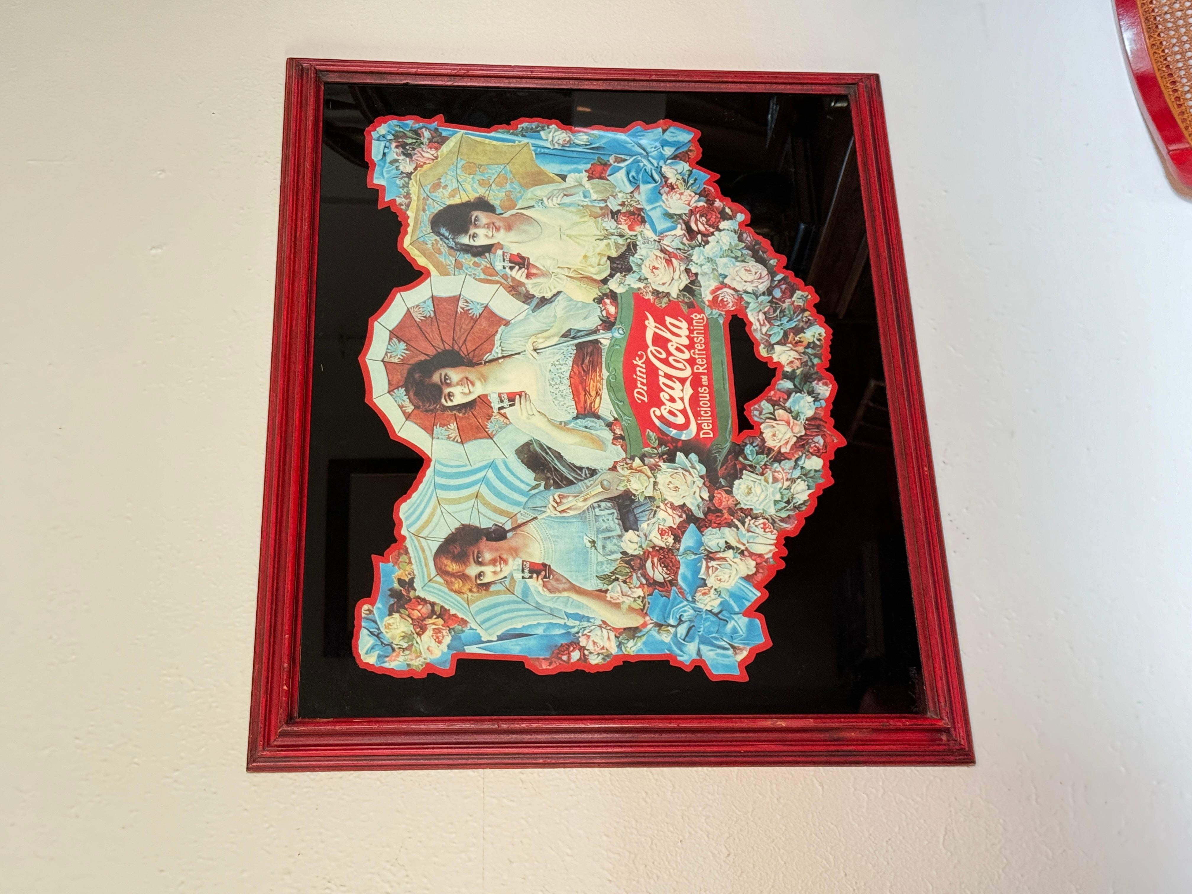 Bois Une rare reproduction des filles du parapluie de Coca Colon dans un cadre rouge rustique. en vente