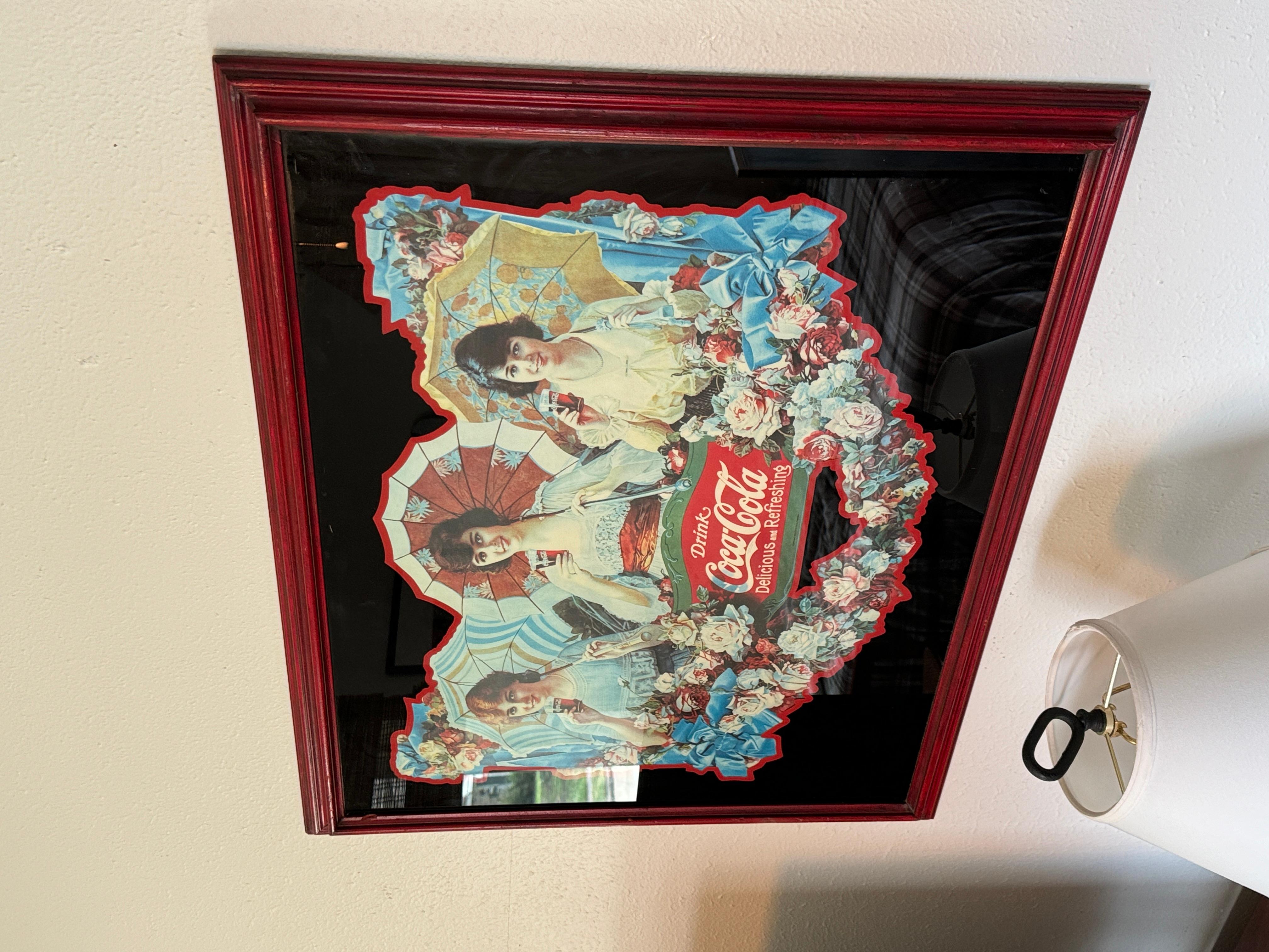 Une rare reproduction des filles du parapluie de Coca Colon dans un cadre rouge rustique. en vente 1
