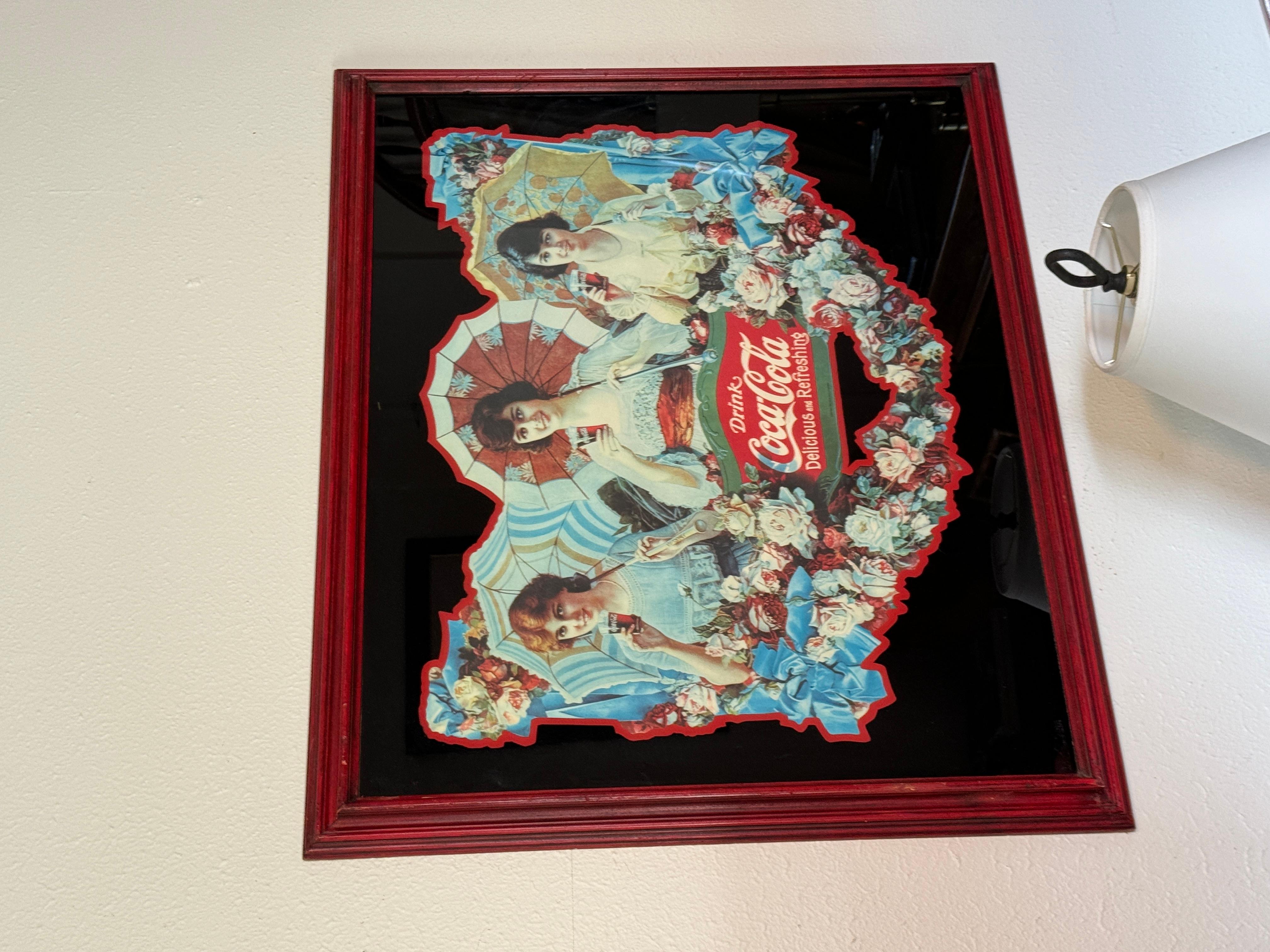 Une rare reproduction des filles du parapluie de Coca Colon dans un cadre rouge rustique. en vente 2