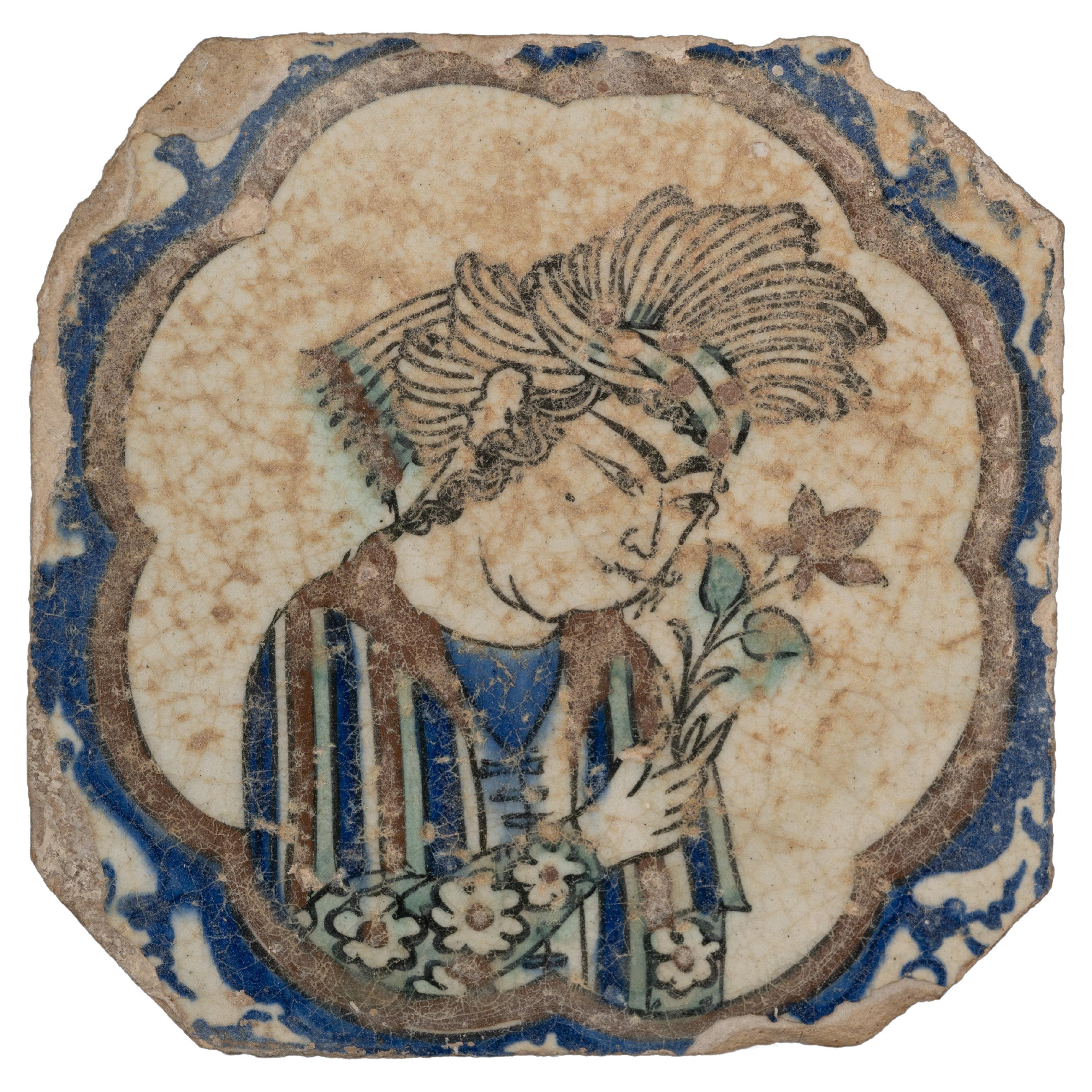 A rare Safavid dynasty (1501-1736) square Kubachi figural pottery tile C 1600 For Sale