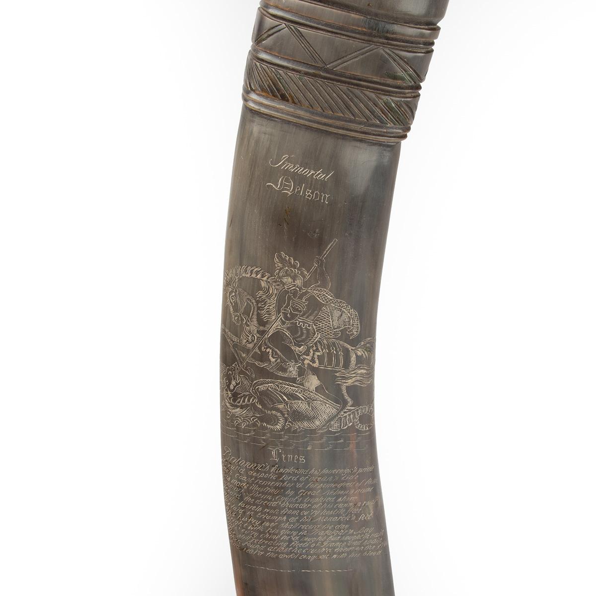 Un raro corno decorato con scrimshaw attribuito a C.H. A. C. Legno in vendita 4