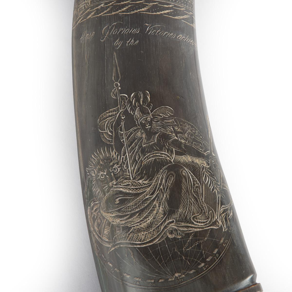 Un raro corno decorato con scrimshaw attribuito a C.H. A. C. Legno in vendita 6