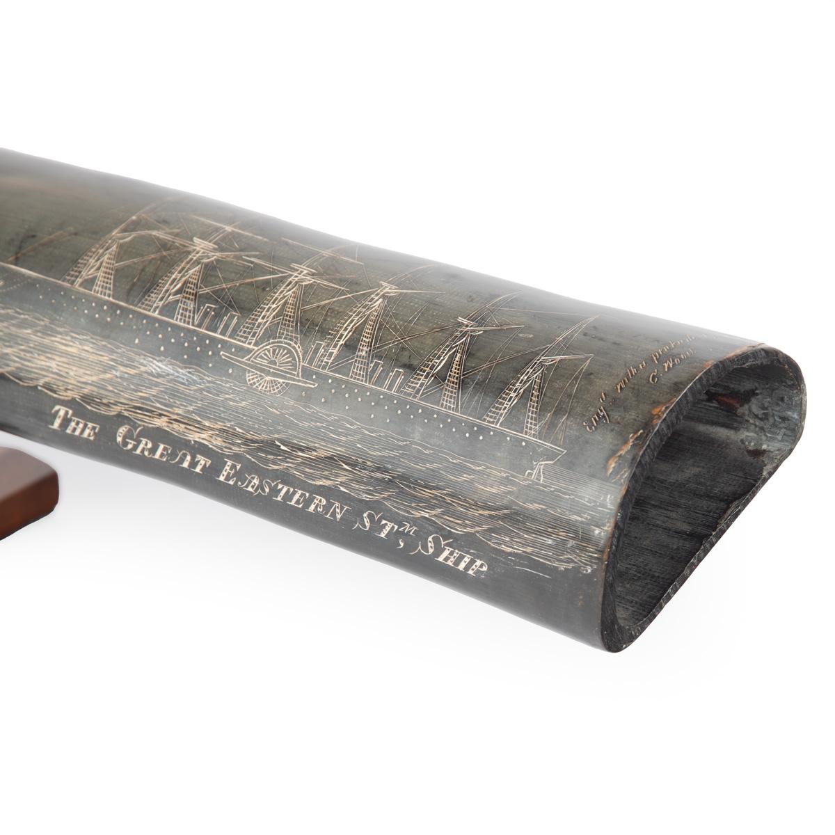 Un raro corno decorato con scrimshaw attribuito a C.H. A. C. Legno in vendita 7