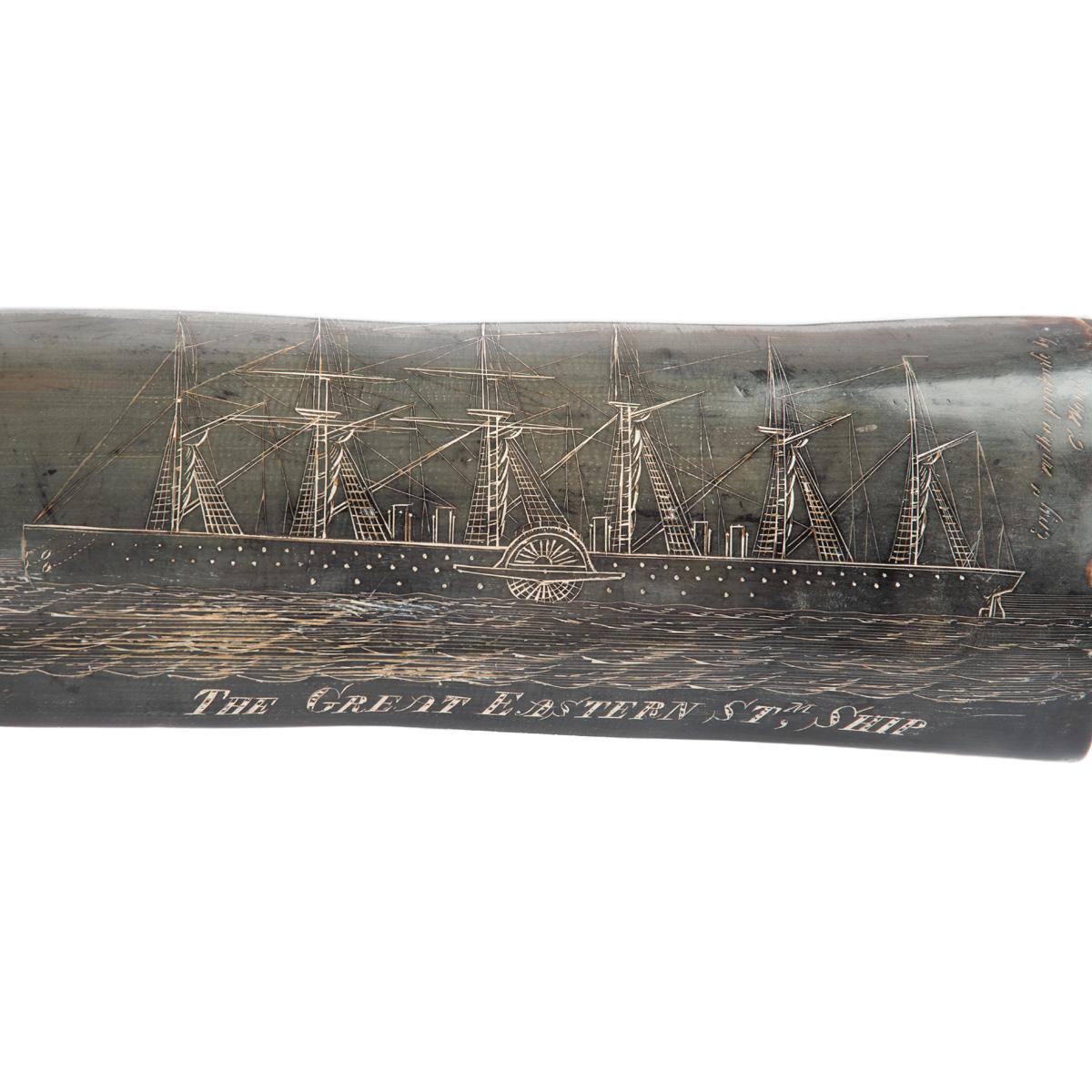 Un raro corno decorato con scrimshaw attribuito a C.H. A. C. Legno in vendita 12