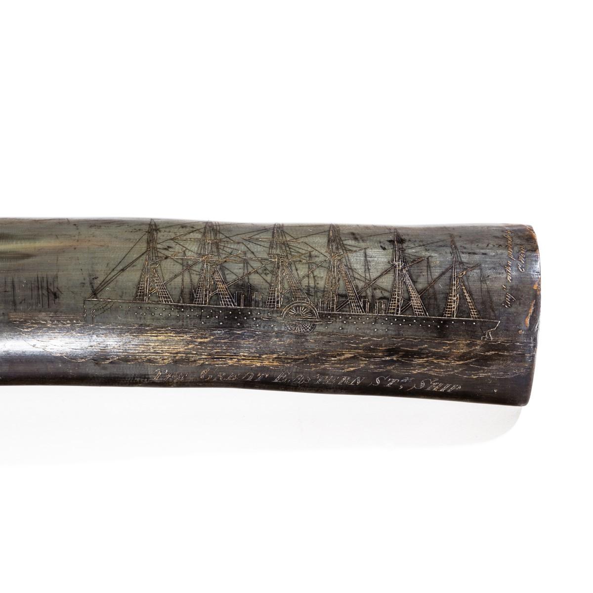 A rare scrimshaw decorated horn, engraved over one side with the Royal Arms countersigned and titled ship profiles for the Great Eastern, the Great Britain, H.M.S. Warrior.