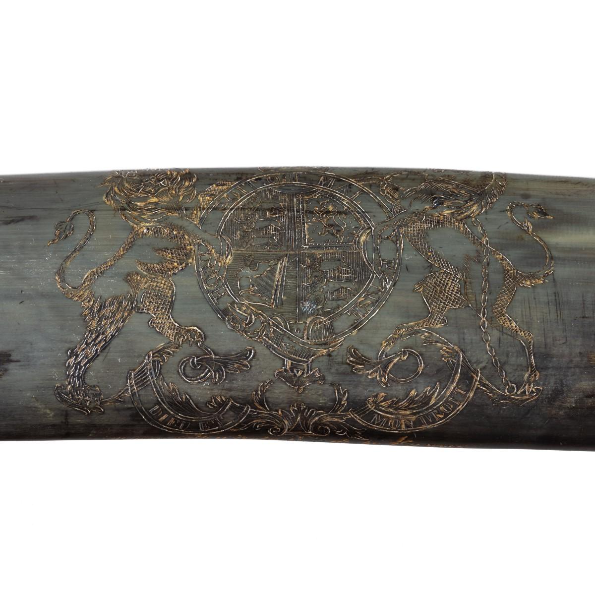 English Rare Scrimshaw Decorated Horn For Sale