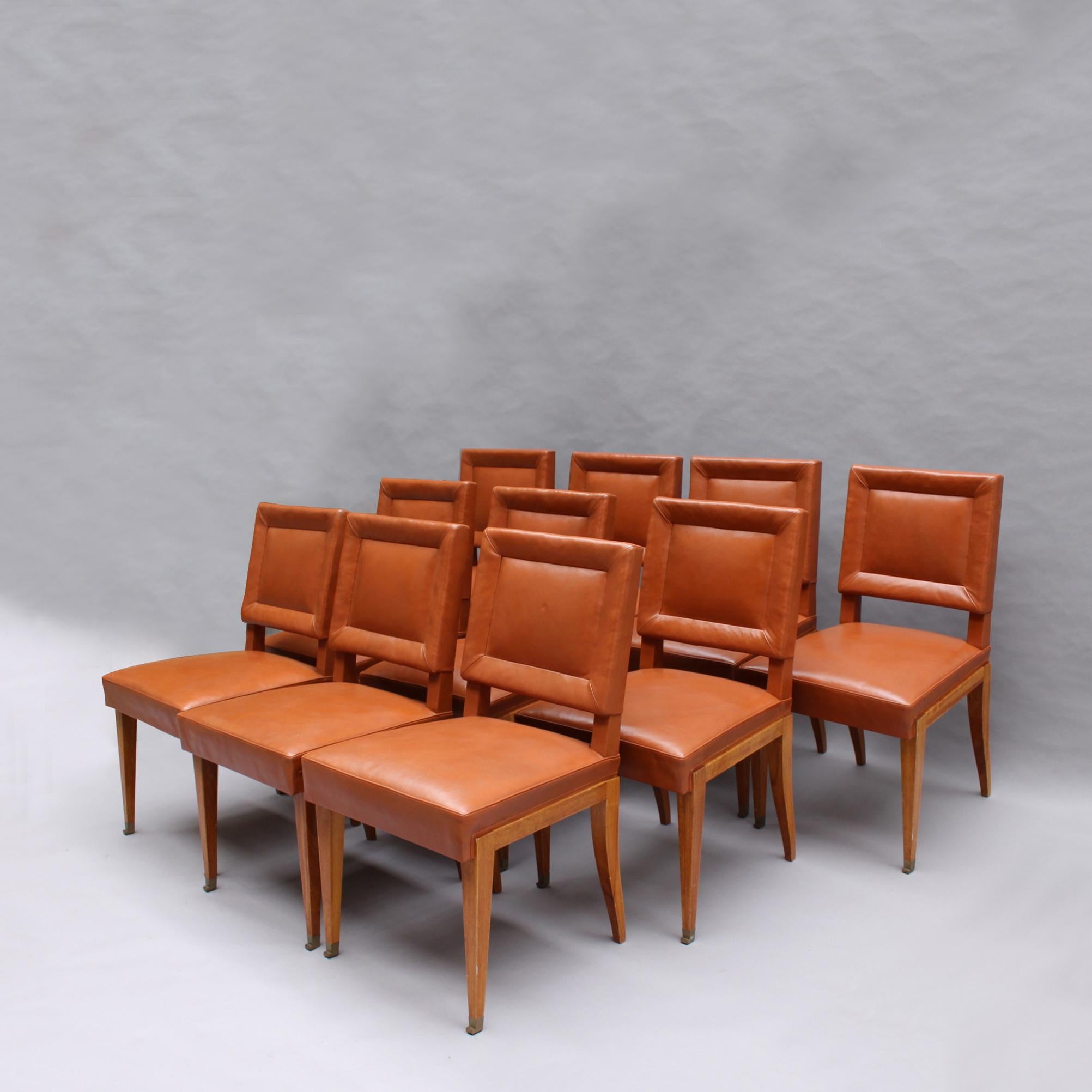 Mid-Century Modern Rare Set of 10 Leather and Mahogany Chairs by Jacques Quinet