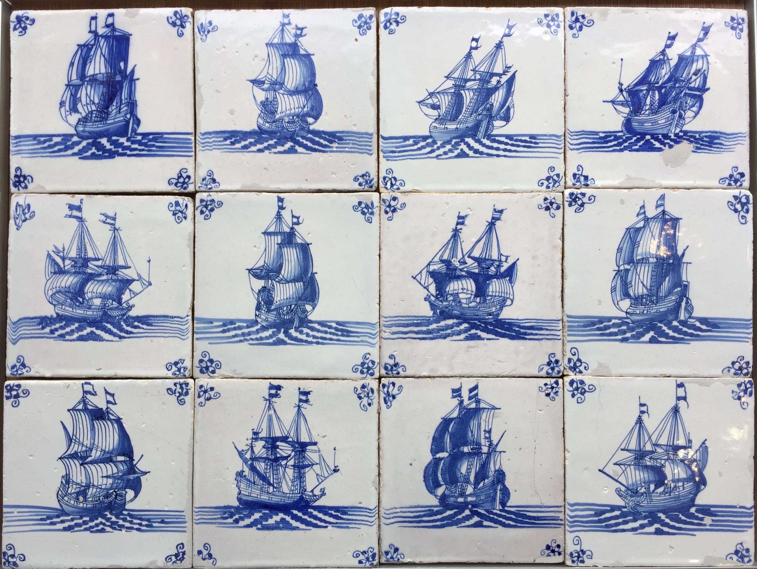 A rare set of 12 blue and white Dutch Delft tiles with three-master ships.
Made in Amsterdam, The Netherlands.
Circa 1660.

This set of tiles is of very fine quality and has a bright glaze, characteristic for the Amsterdam tile production of the