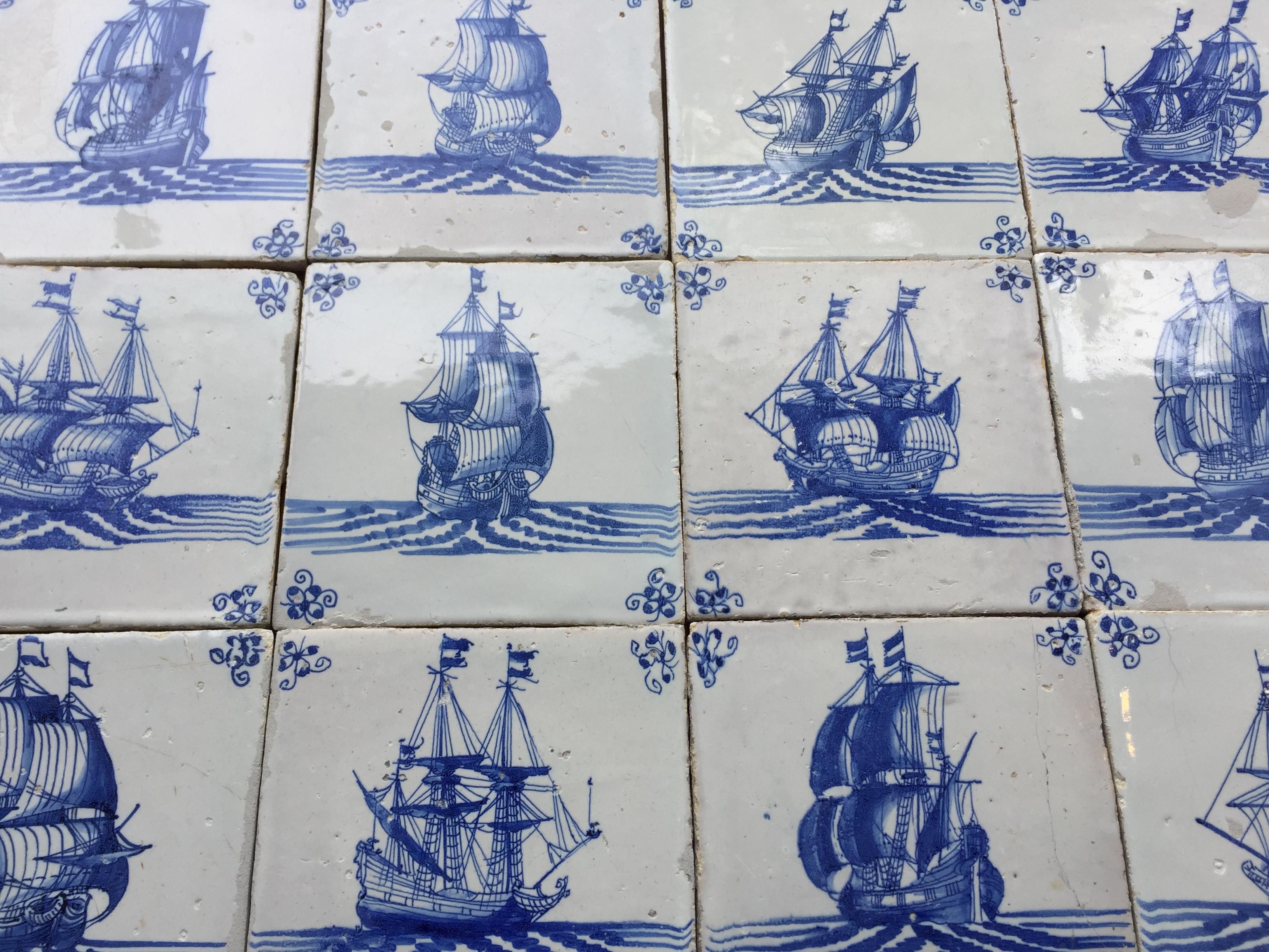 Glazed Rare Set of 12 Blue and White Dutch Delft Tiles with Ships