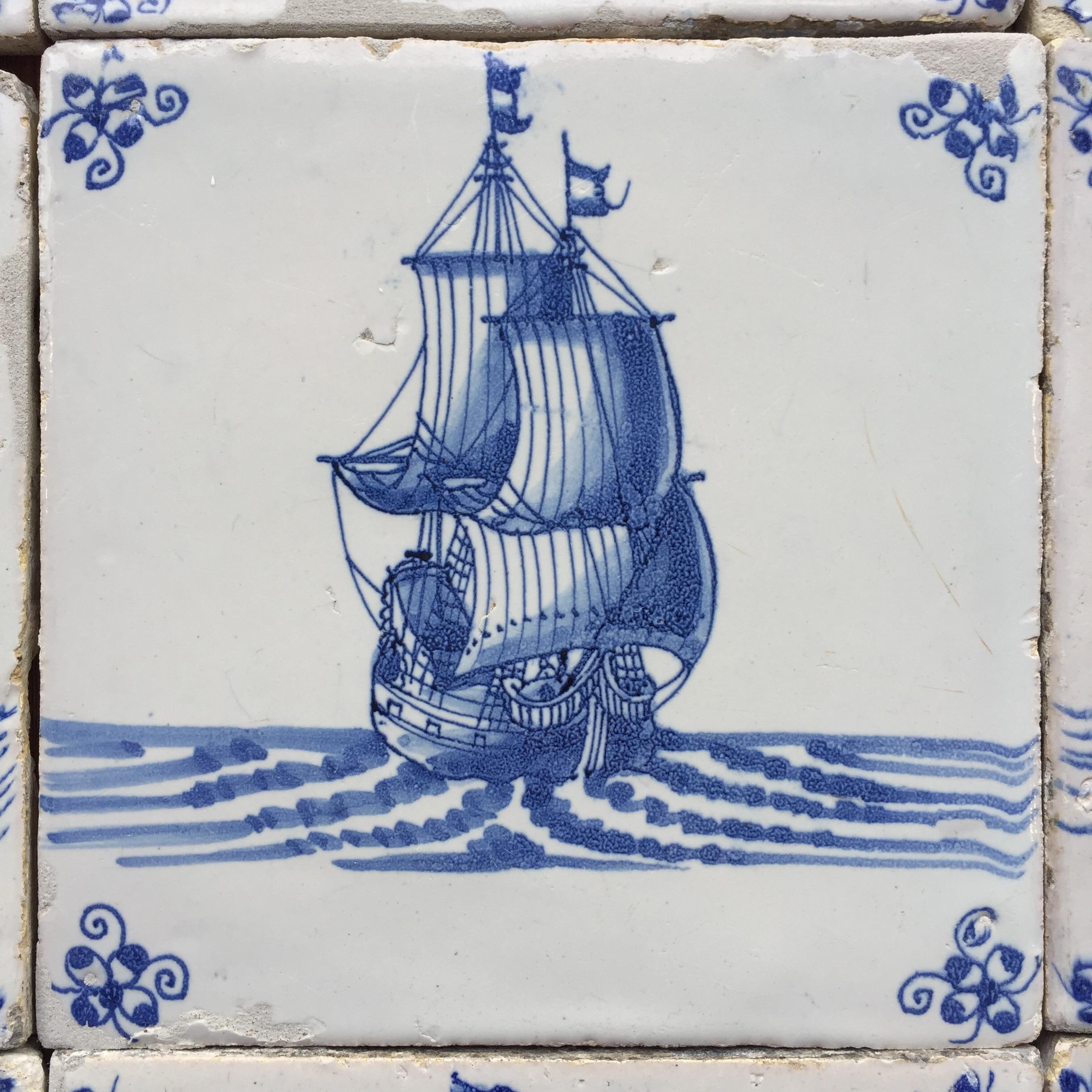 17th Century Rare Set of 12 Blue and White Dutch Delft Tiles with Ships