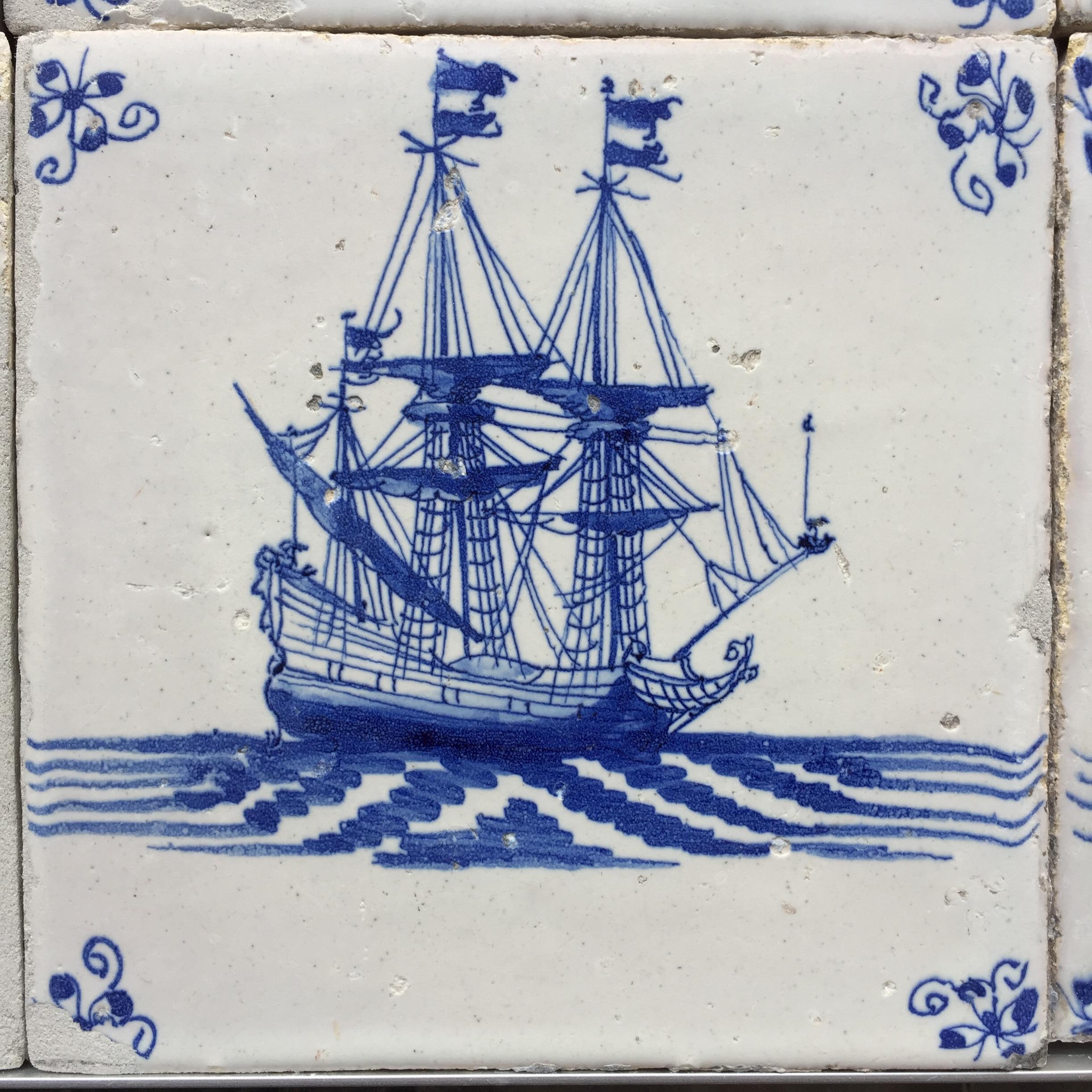 Ceramic Rare Set of 12 Blue and White Dutch Delft Tiles with Ships