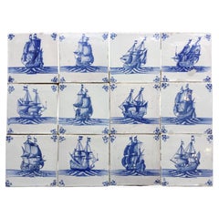 Antique Rare Set of 12 Blue and White Dutch Delft Tiles with Ships
