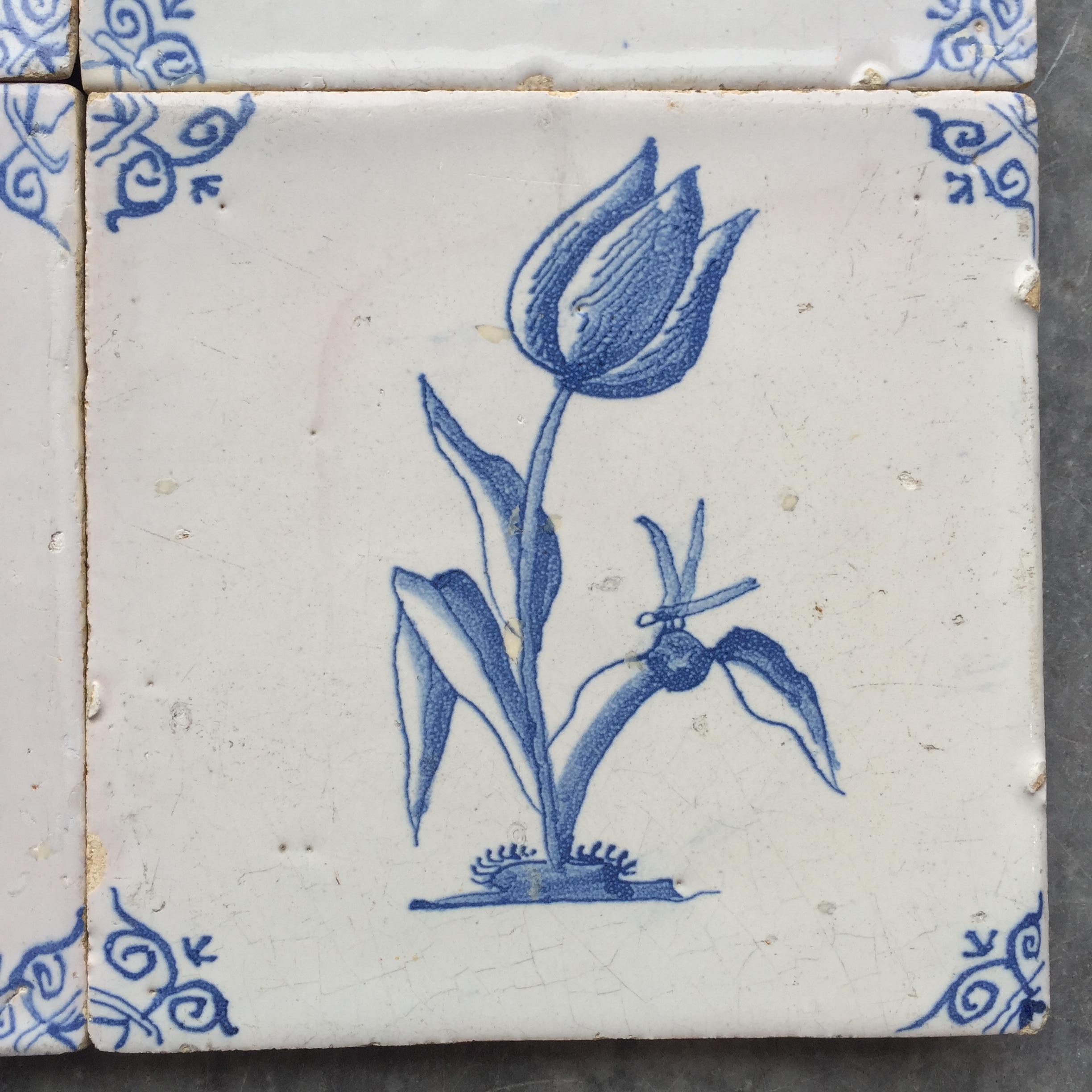 Rare Set of 12 Dutch Delft Tiles with Flowers and Insects, 17th Century 11