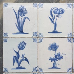 Rare Set of 12 Dutch Delft Tiles with Flowers and Insects, 17th Century
