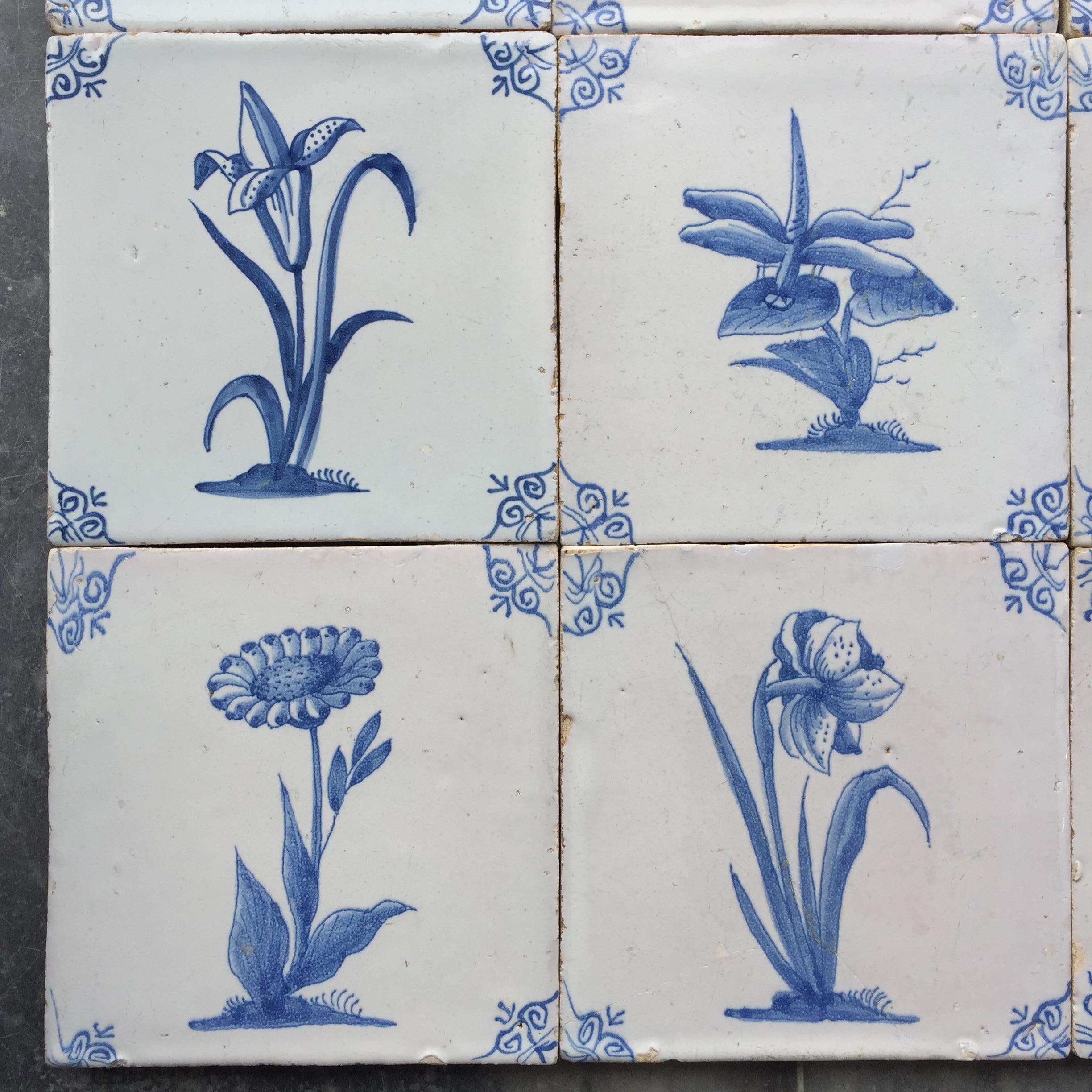 Glazed Rare Set of 12 Dutch Delft Tiles with Flowers and Insects, 17th Century